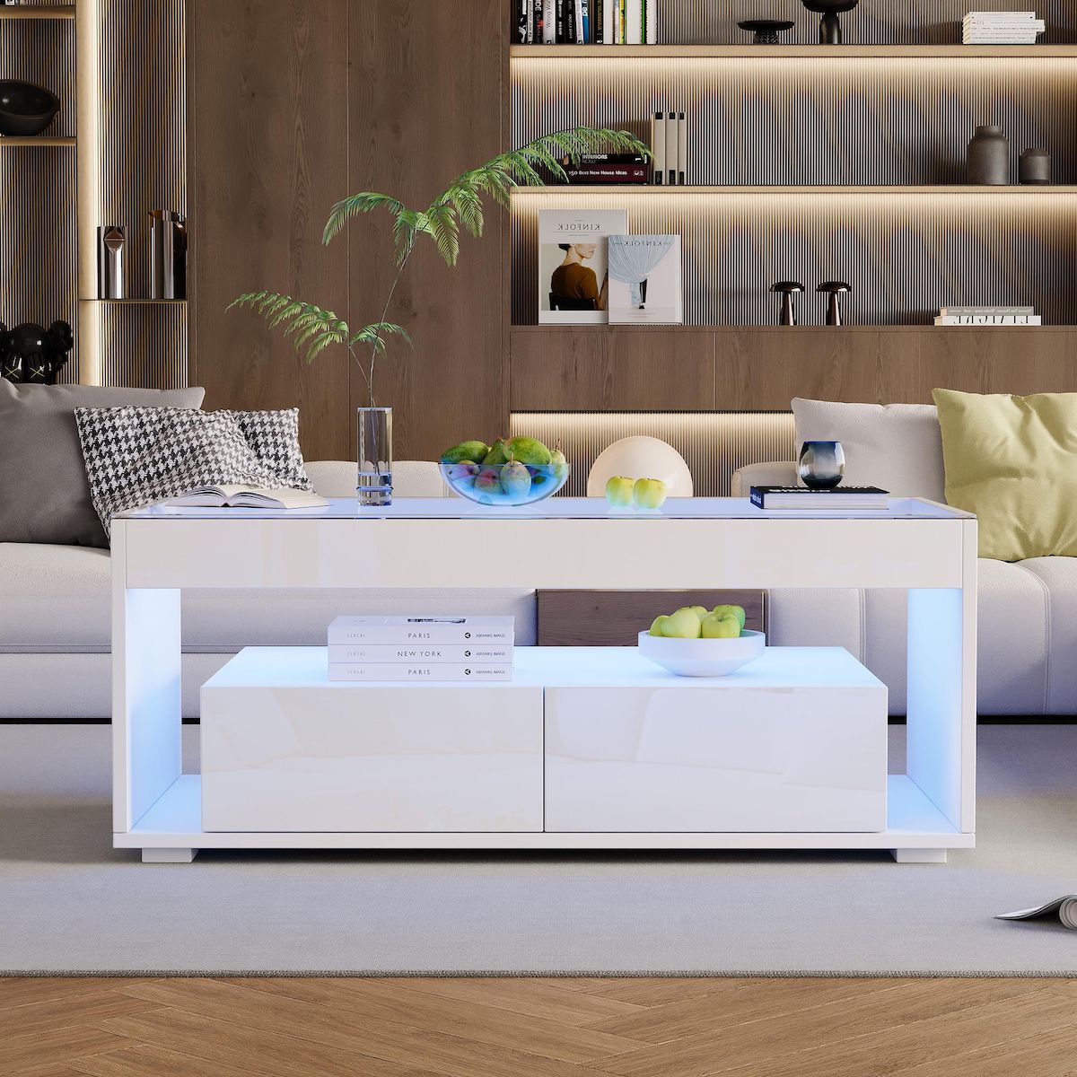 MERAX Table basse rectangulaire blanc avec 2 tiroirs - 50x100 cm led panneau de particules