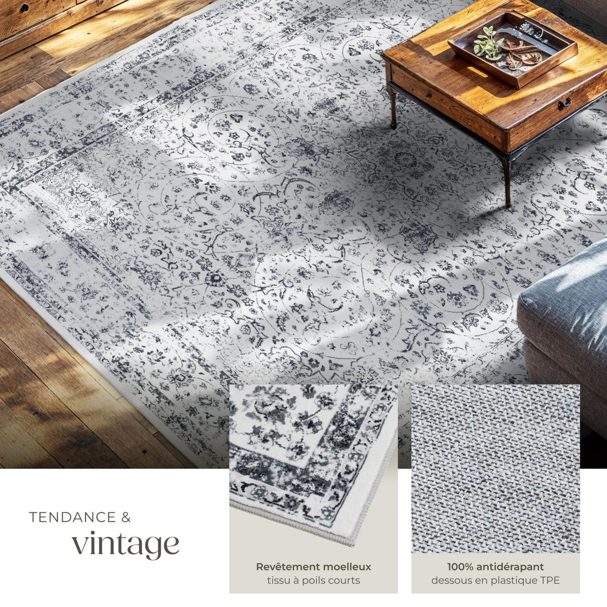 tectake Tapis design vintage à poils courts en laine synthétique et feutre gris 240 x 340 cm