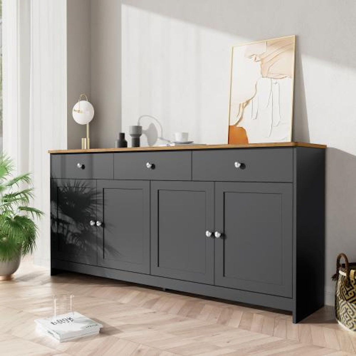 MERAX Buffet 4 porte(s) 3 tiroir(s) - 160 cm gris+naturel mdf