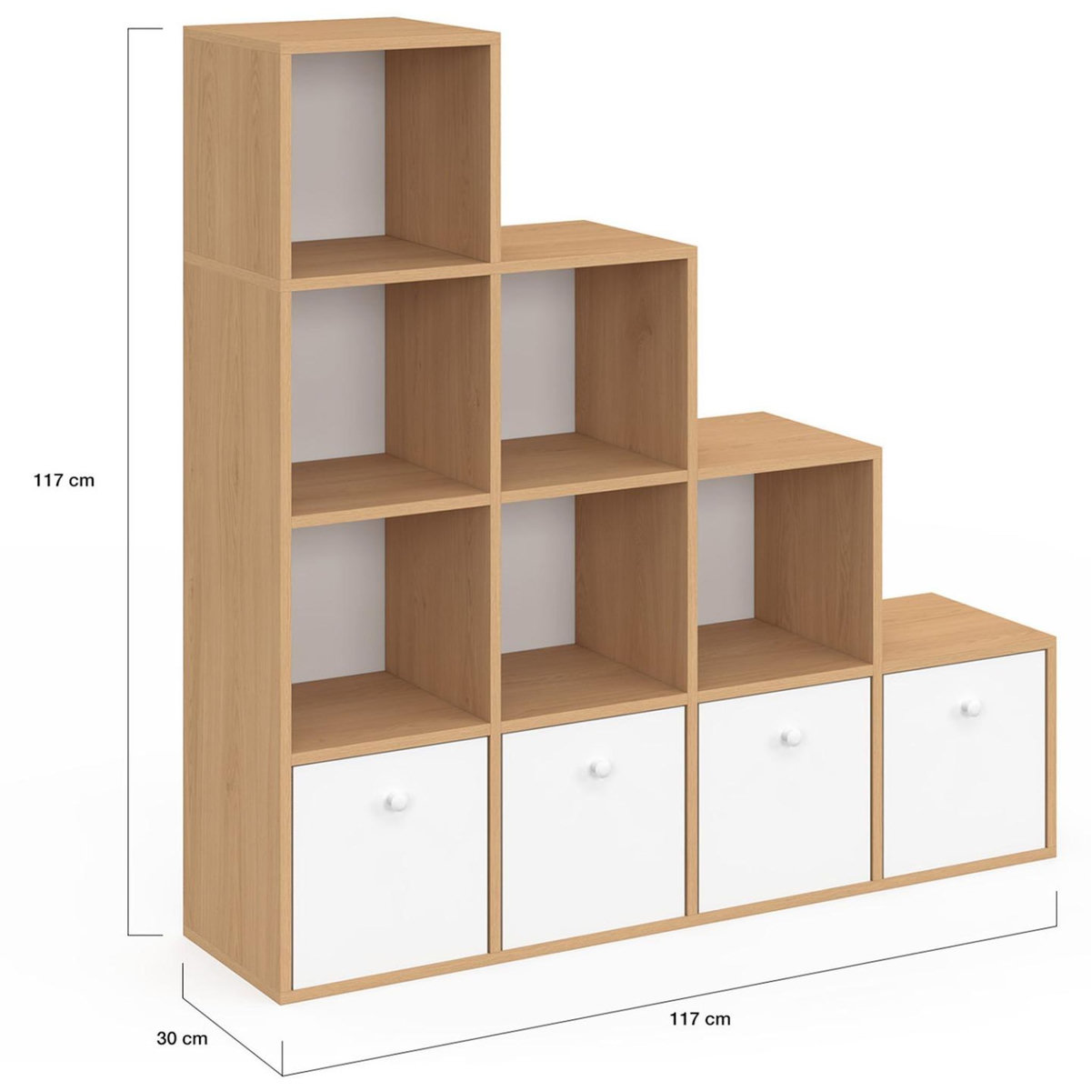 ID MARKET Meuble de rangement en escalier LORYS 4 niveaux bois et blanc avec 4 tiroirs en tissu