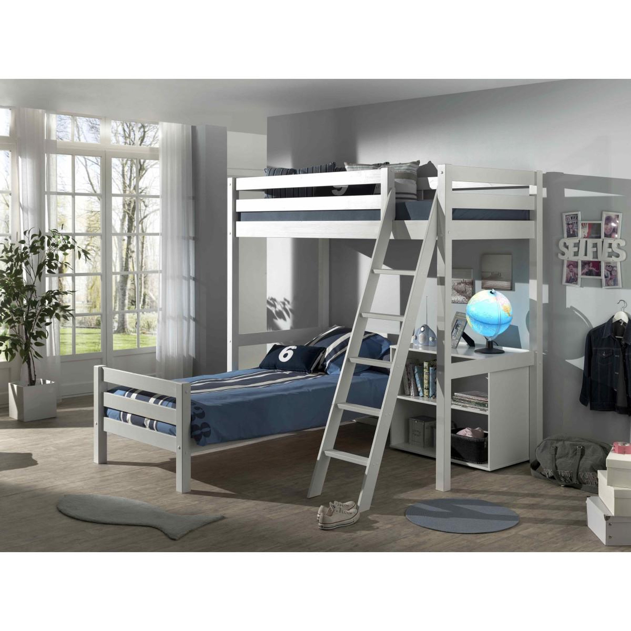 Voir la diapositive 6 : Paris Prix Pack - lit mezzanine enfant, lit simple & bibliothèque  pino  90x200cm blanc