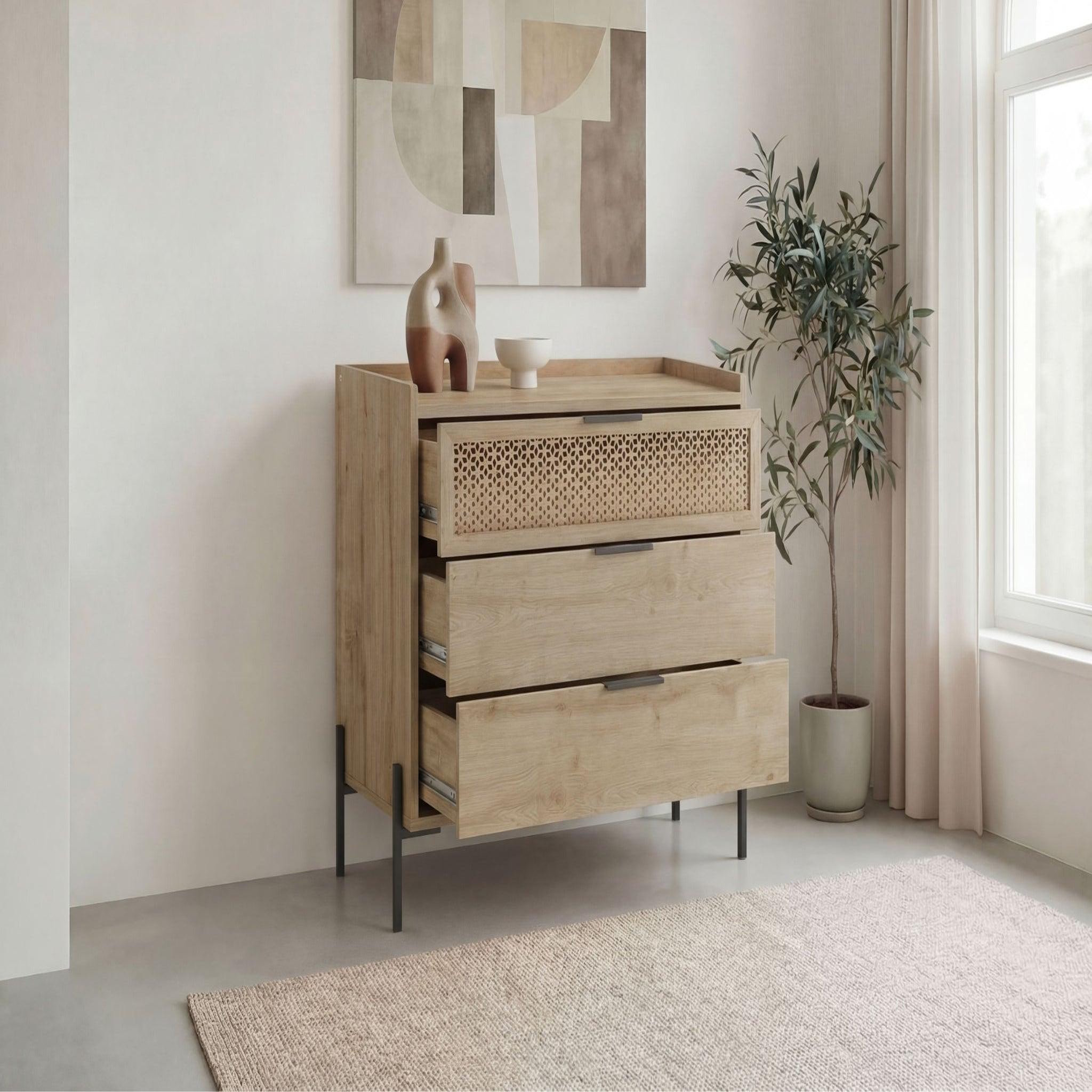 Voir la diapositive 4 : CASANOVA PARIS Stera - commode 3 tiroirs 94cm en mélamine - chêne clair