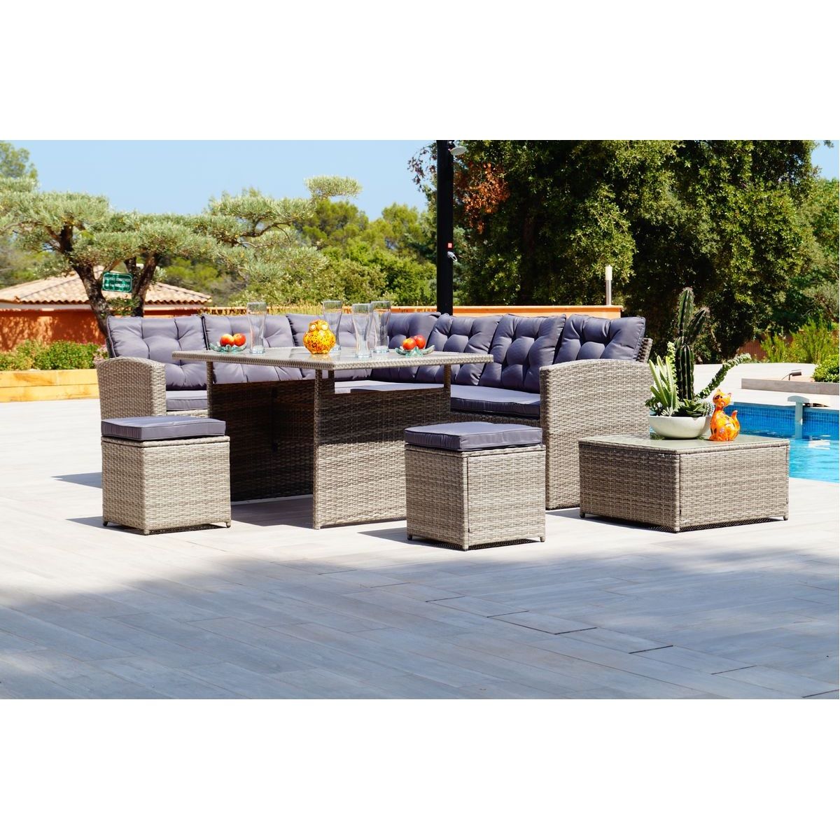 Salon repas de jardin en angle 9 personnes PAUL MATHIS