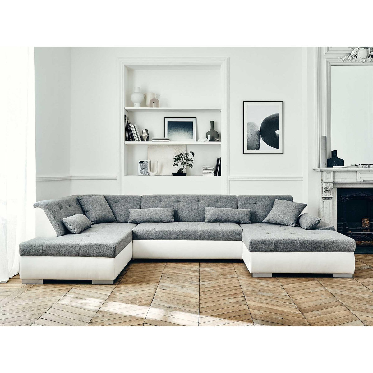 LISA DESIGN Vermont - canapé panoramique d'angle gauche - 7 places - convertible - en simili et tissu