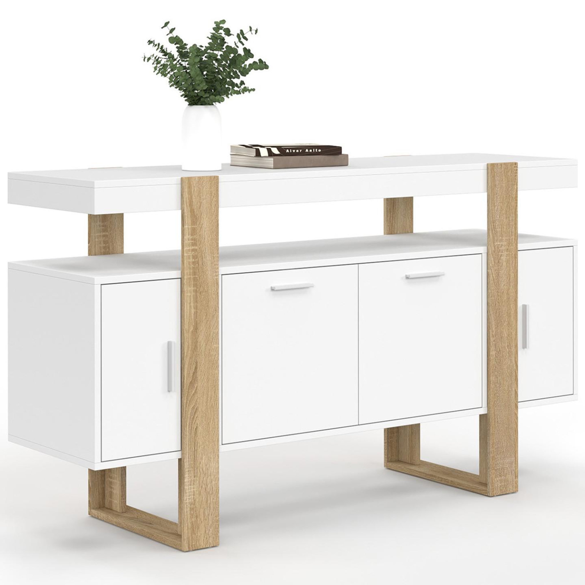 ID MARKET Buffet 140 cm phoenix 4 portes blanc et bois