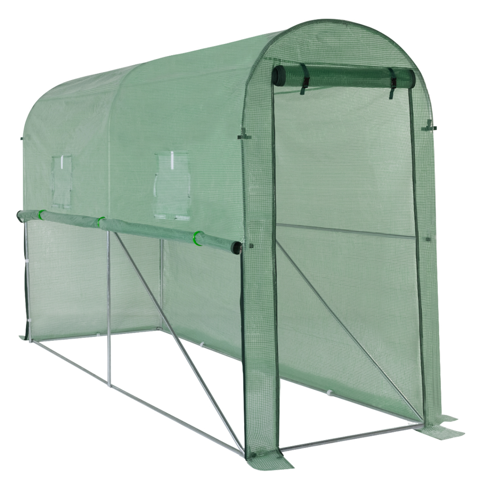 Voir la diapositive 6 : ID MARKET Serre à tomates de jardin 3m² 3 x 1 x 2 m acier galvanisé + bâche anti-uv relevable avec porte et 2 fenêtres verte