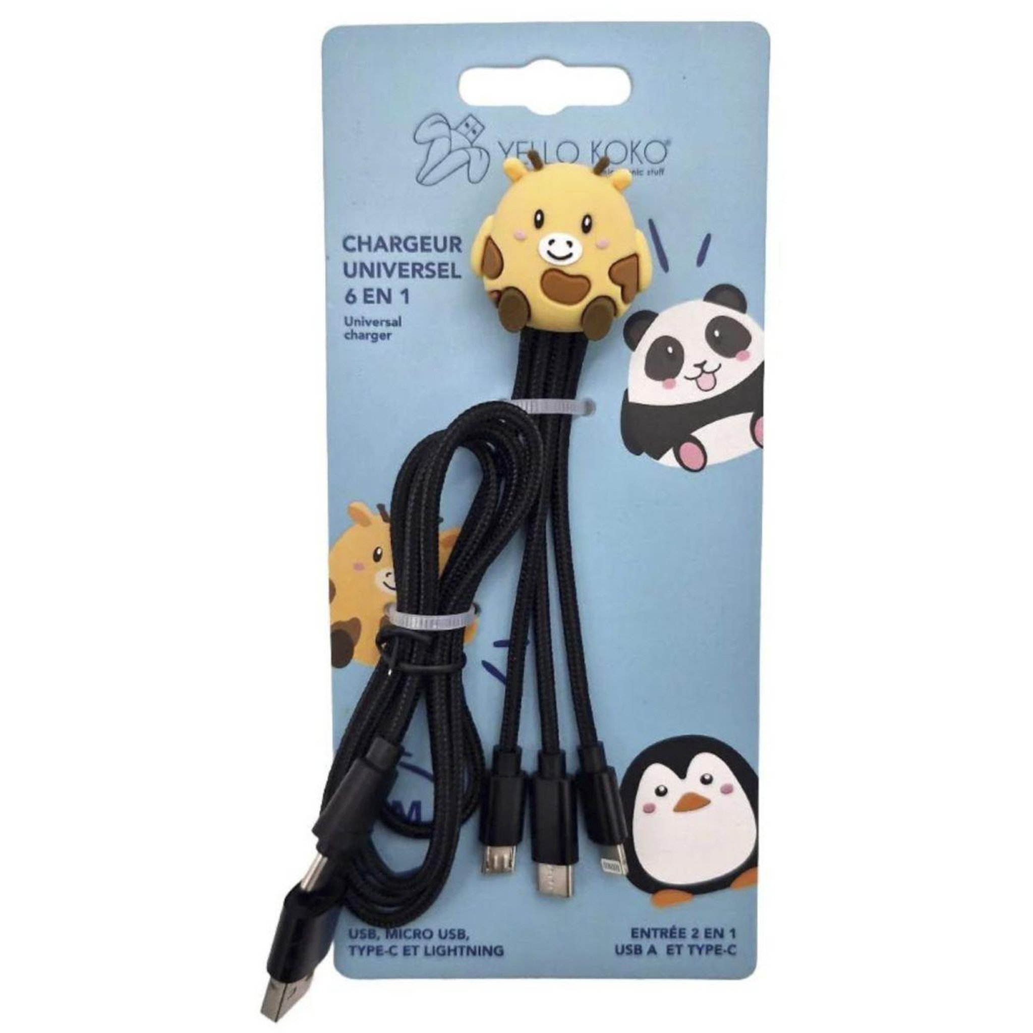 Voir la diapositive 2 : YELLO KOKO Câble de charge usb-a+c vers usb-c/micro/light 1m girafe