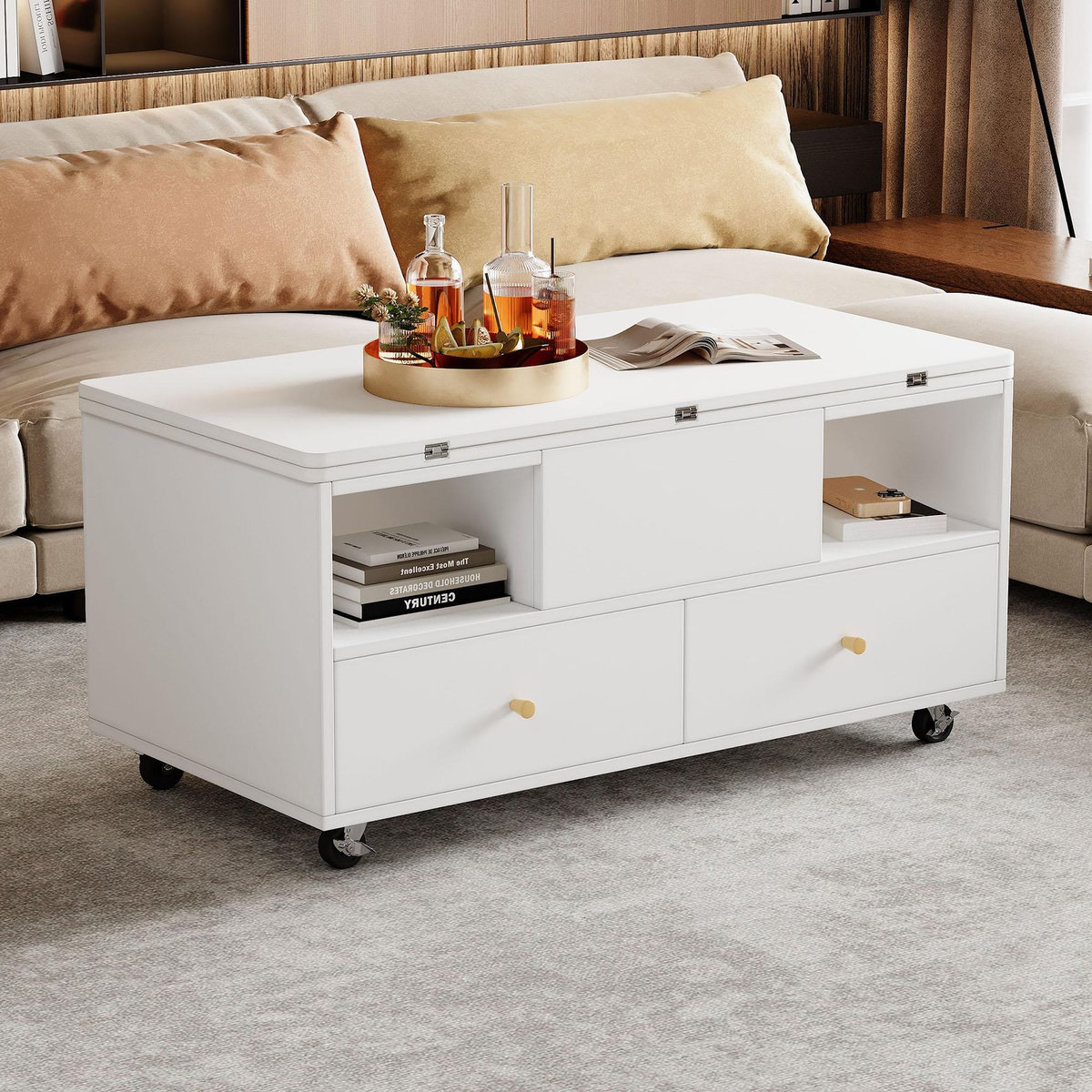 MERAX Table basse relevable rectangulaire blanc - 50x100 cm mdf