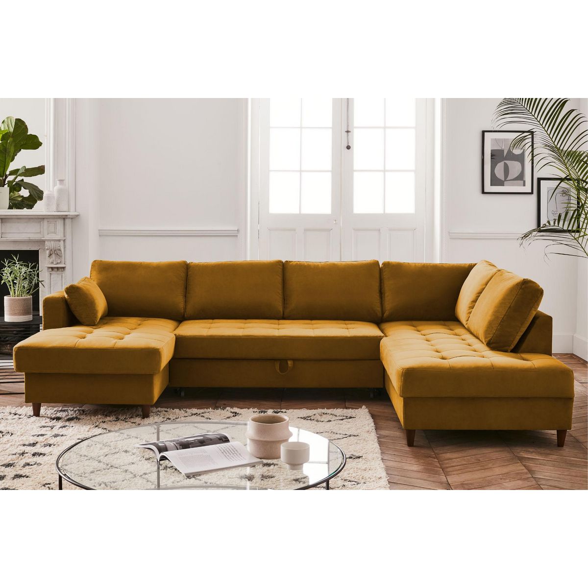 LISA DESIGN Anna - canapé panoramique d'angle droit - 7 places - convertible avec coffre - en velours