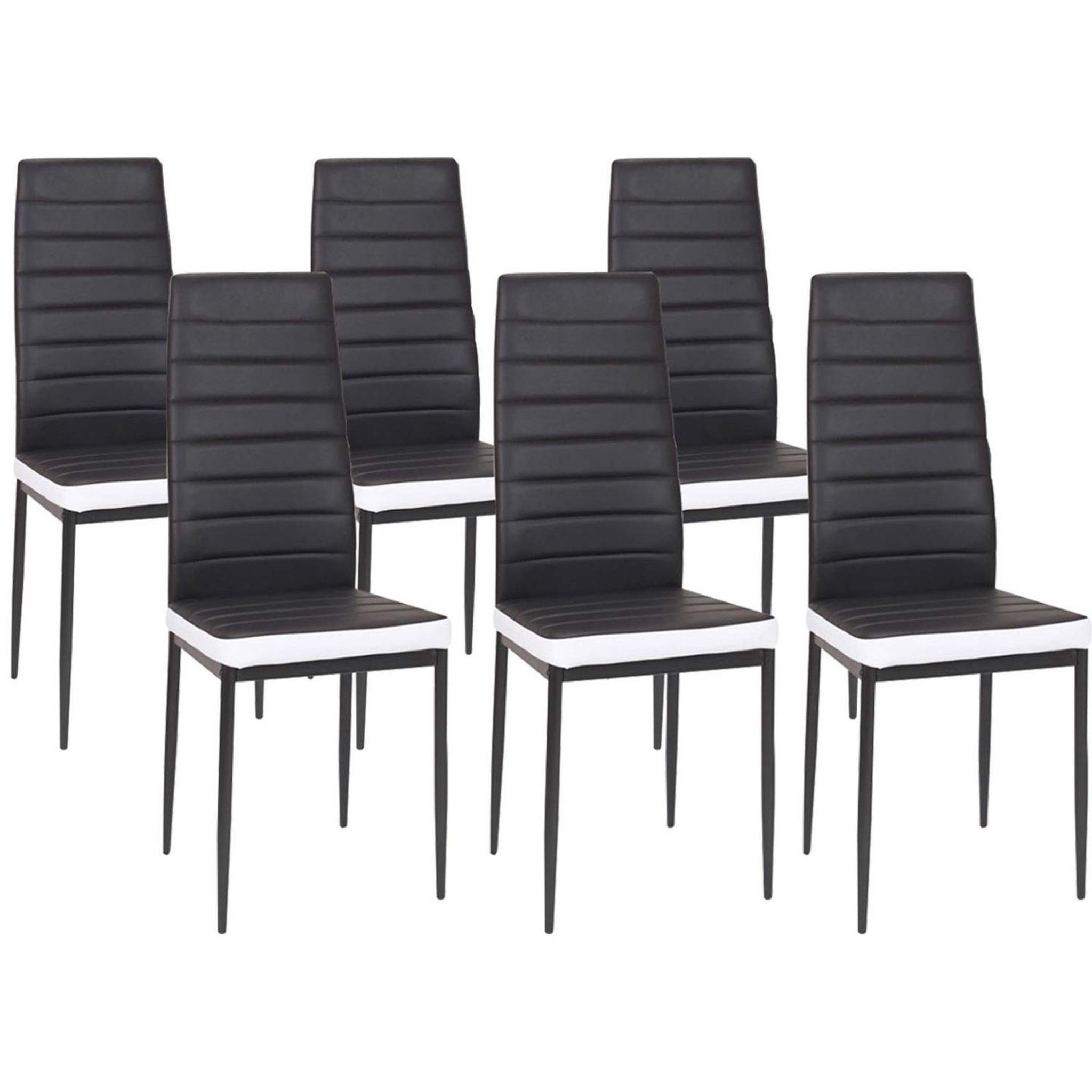 Voir la diapositive 4 : ID MARKET Ensemble table à manger rectangle phoenix bois et noir bande centrale noire 160 cm et 6 chaises romane noires bandeau blanc