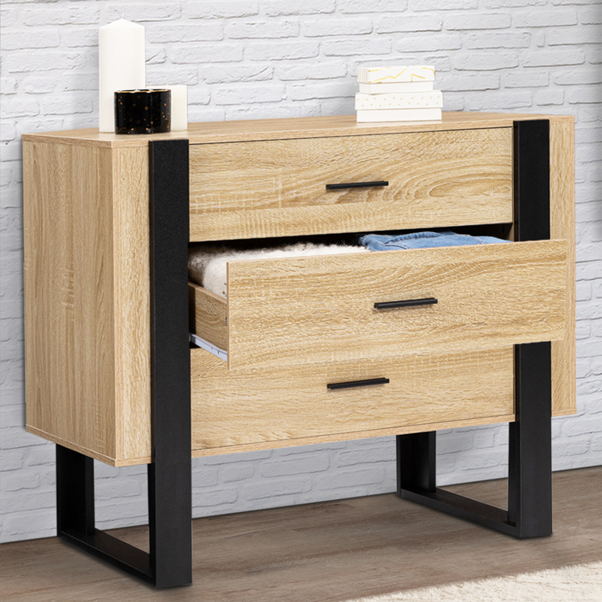 Voir la diapositive 2 : ID MARKET Commode 3 tiroirs phoenix 80 cm bois et noir