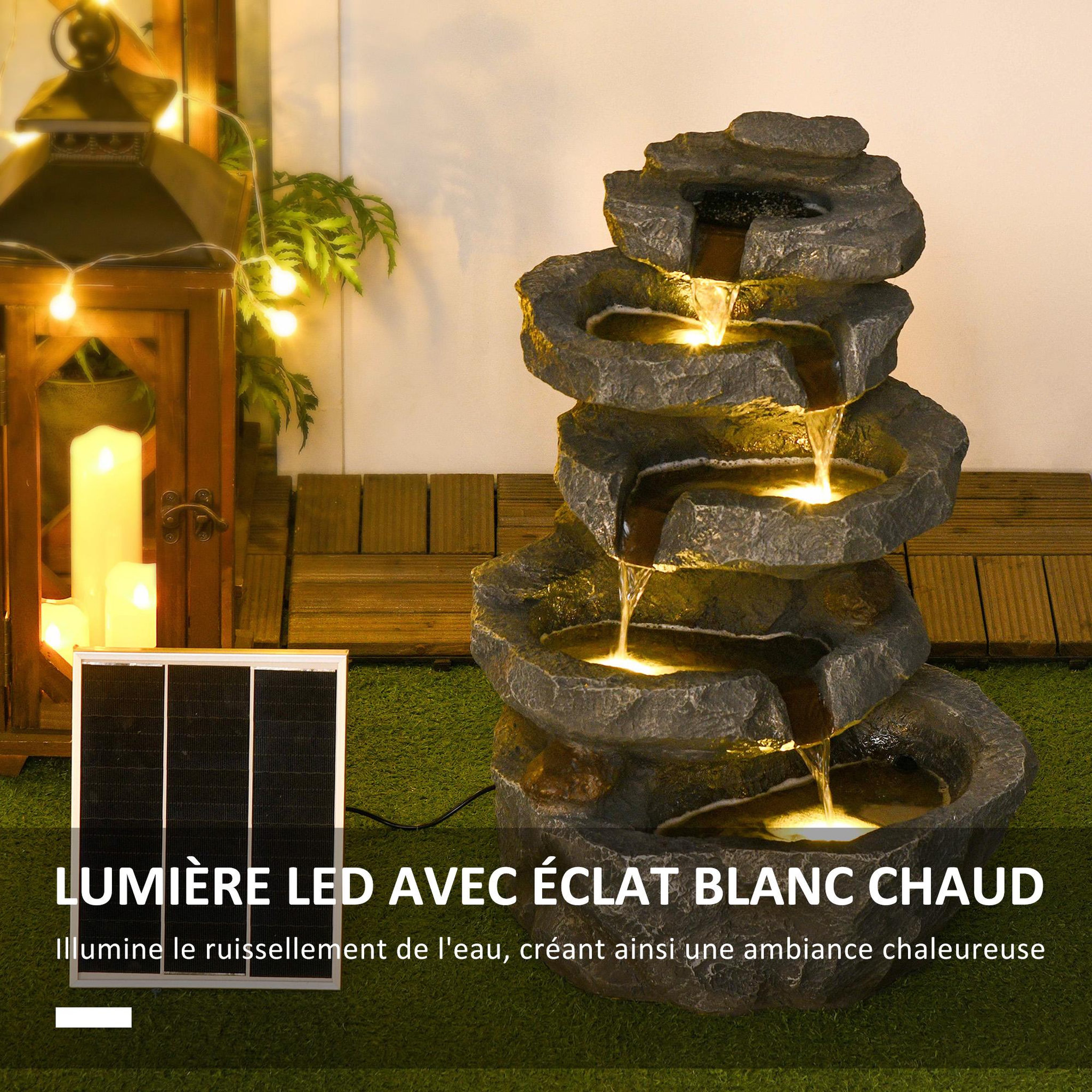 Voir la diapositive 4 : OUTSUNNY Fontaine de jardin à énergie solaire - fontaine roche cascade 5 niv. LED pompe incluse - résine gris