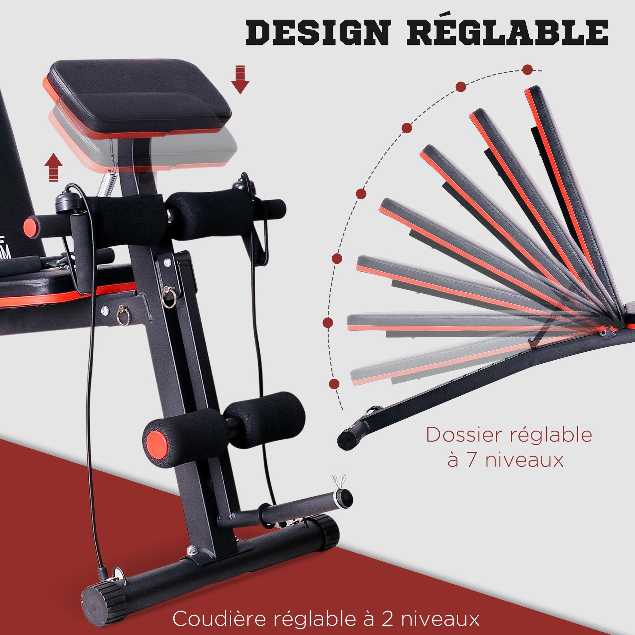 Voir la diapositive 5 : HOMCOM Banc de musculation pliable inclinable réglable sangles élastiques + support haltères inclus acier noir rouge