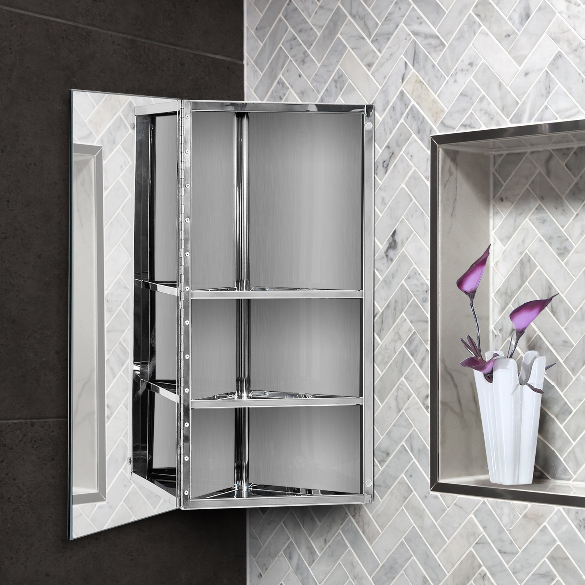 Voir la diapositive 2 : HOMCOM Armoire miroir salle de bain armoire de toilette murale meuble d'angle 2 étagères dim. 30L x 18,4l x 60H cm acier inox.