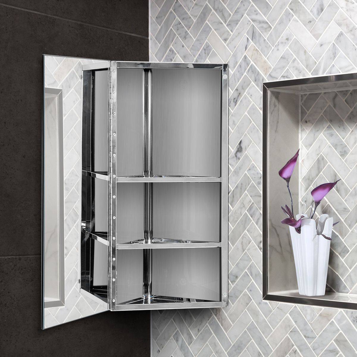 HOMCOM Armoire miroir salle de bain armoire de toilette murale meuble d'angle 2 étagères dim. 30L x 18,4l x 60H cm acier inox.