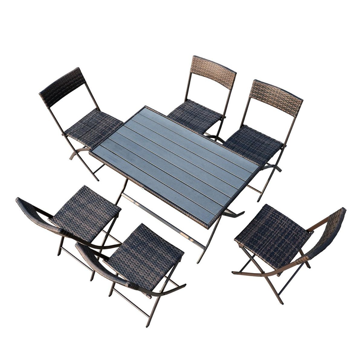 OUTSUNNY Ensemble salon de jardin 6 personnes grande table rectangulaire pliable + 6 chaises pliantes métal résine tressée PS chocolat