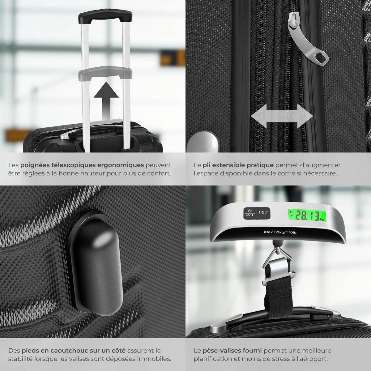 tectake Set de valises rigides 4 pièces en plastique ABS robuste, pèse-bagages et une étiquette de valise incluses noir