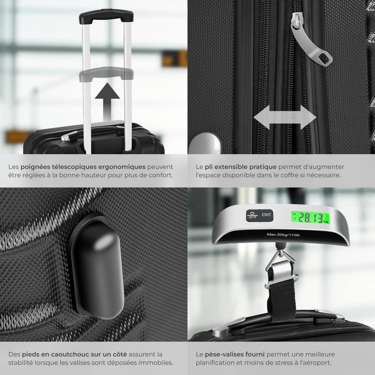 tectake Set de valises rigides 4 pièces en plastique ABS robuste, pèse-bagages et une étiquette de valise incluses noir