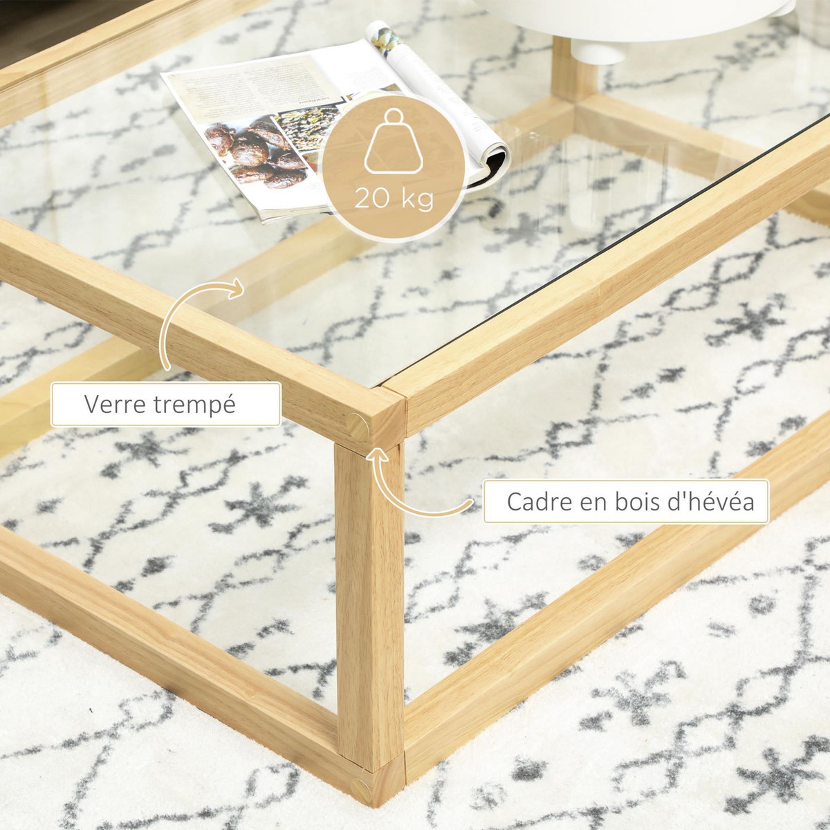 HOMCOM Table basse design contemporain plateau verre trempé structure piètement bois d'hévéa