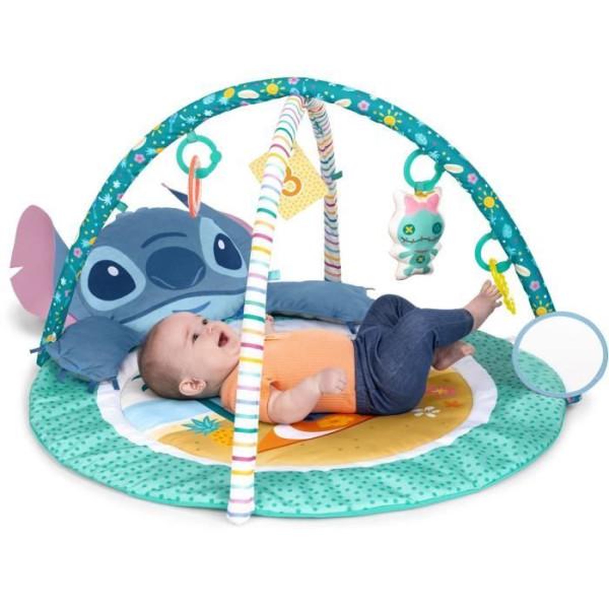 Voir la diapositive 4 : Bright Starts DISNEY BABY - STITCH - Tapis de sol éveil bébé, évolutif, arche avec jouets sensoriels, peluche, miroir, coussin Stitch, hoc