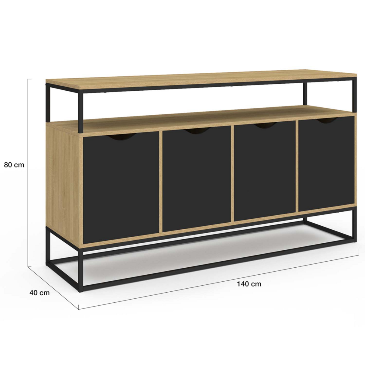 ID MARKET Buffet 140 cm BOSTON 4 portes noires design industriel