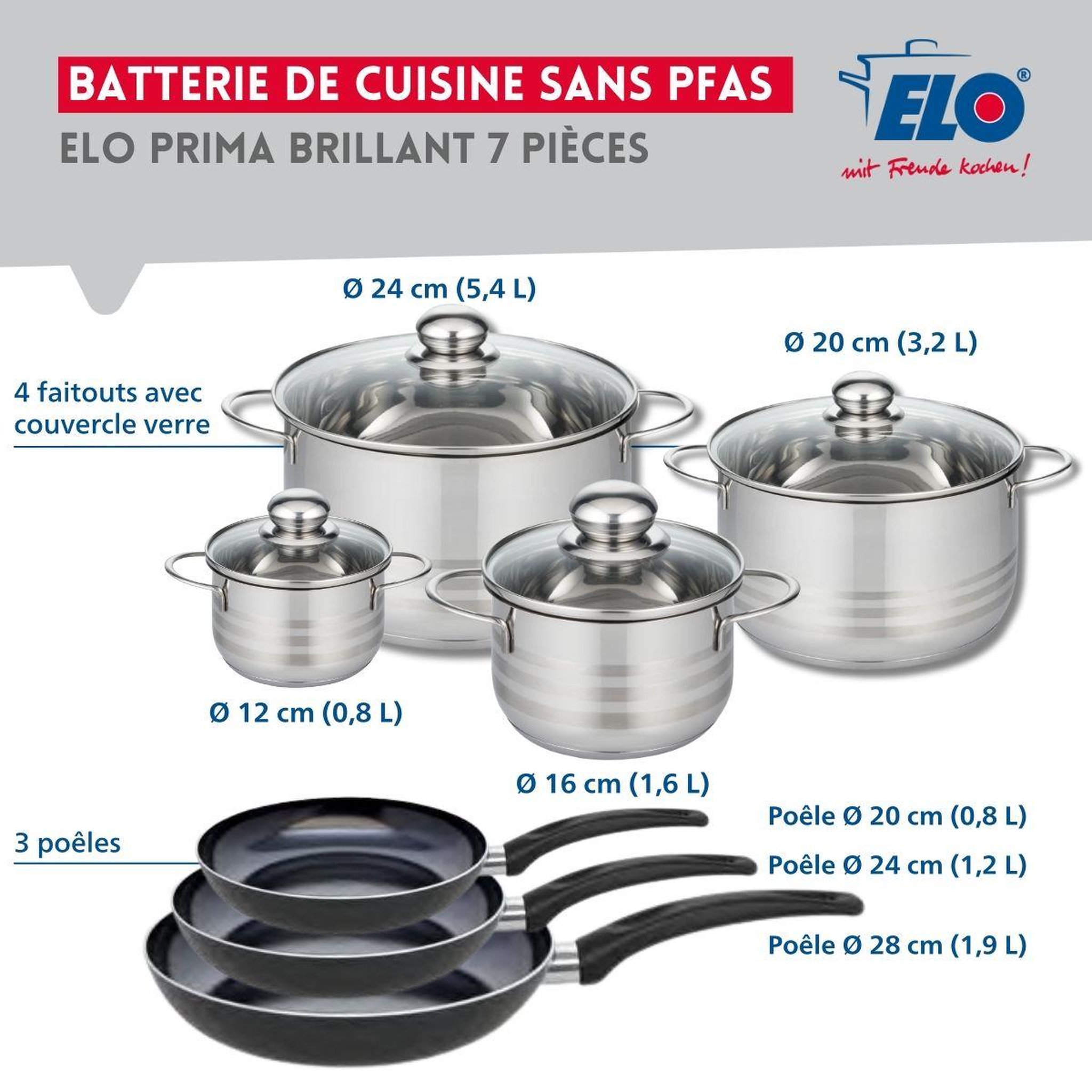 Voir la diapositive 2 : ELO Ensemble de 3 poêles de cuisson 20, 24 et 28 cm et 4 faitouts 12, 16, 20 et 24 cm elo prima brillant
