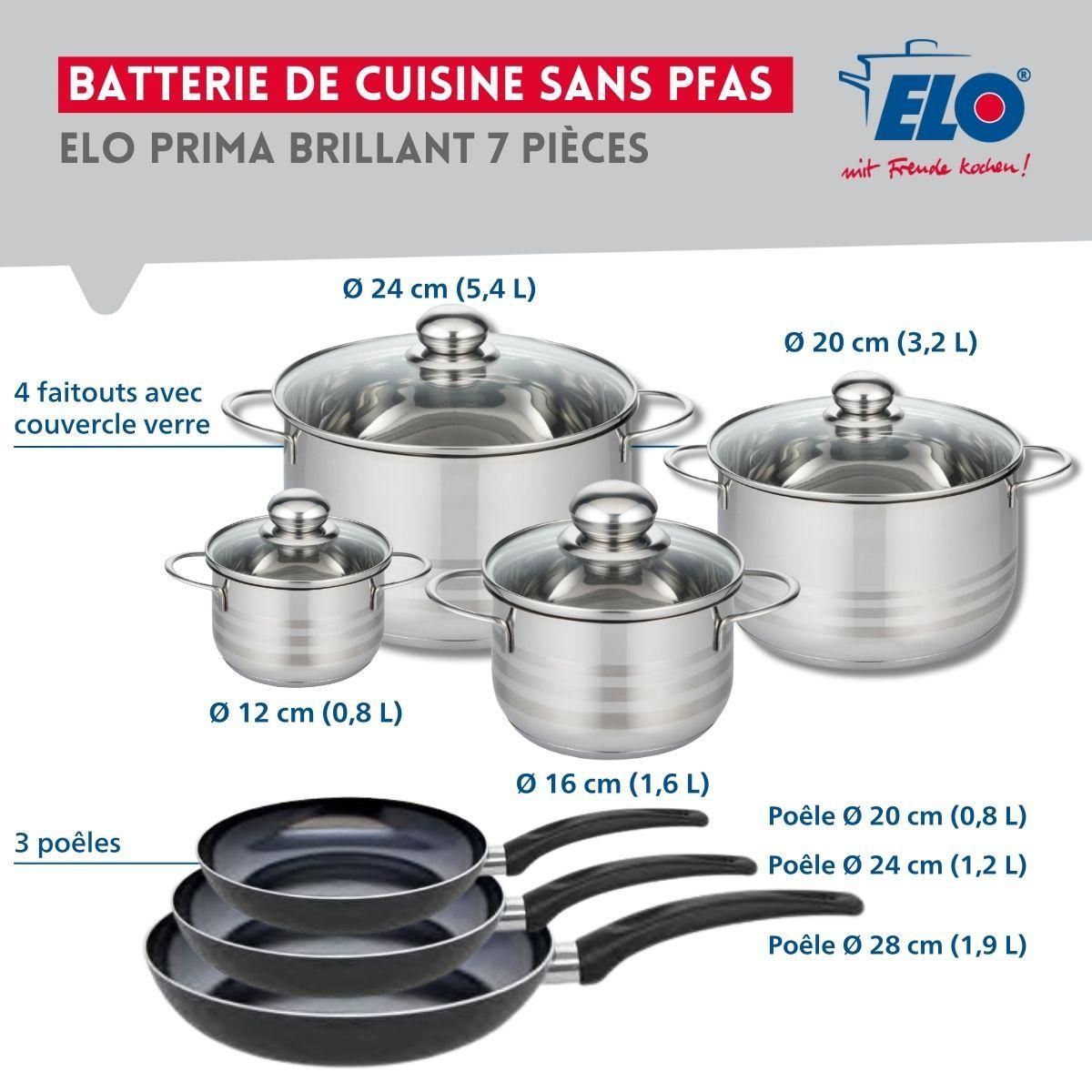 ELO Ensemble de 3 Poêles de cuisson 20, 24 et 28 cm et 4 faitouts 12, 16, 20 et 24 cm Elo Prima Brillant