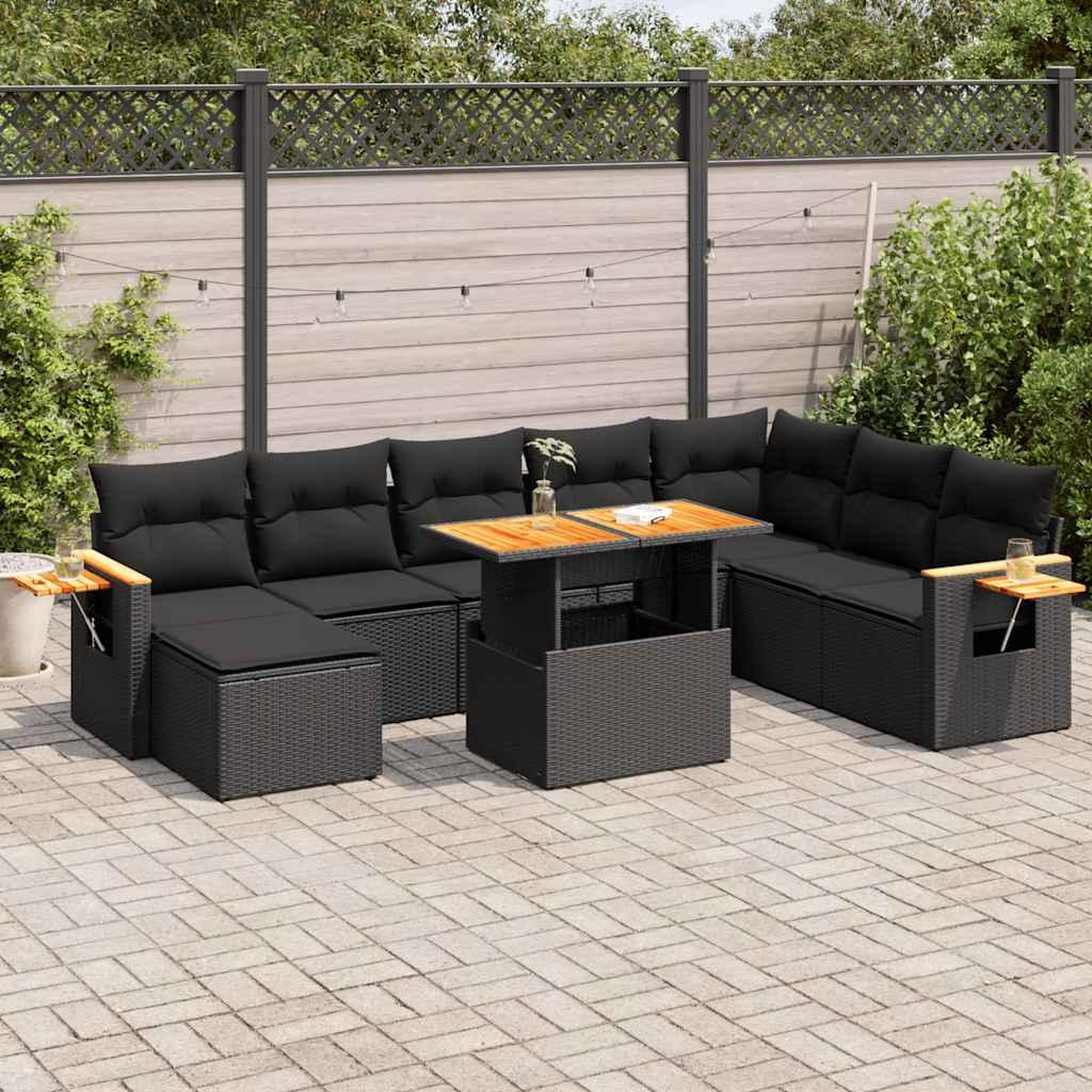 VIDAXL Salon de jardin avec coussins 9 pcs noir resine tressee acacia