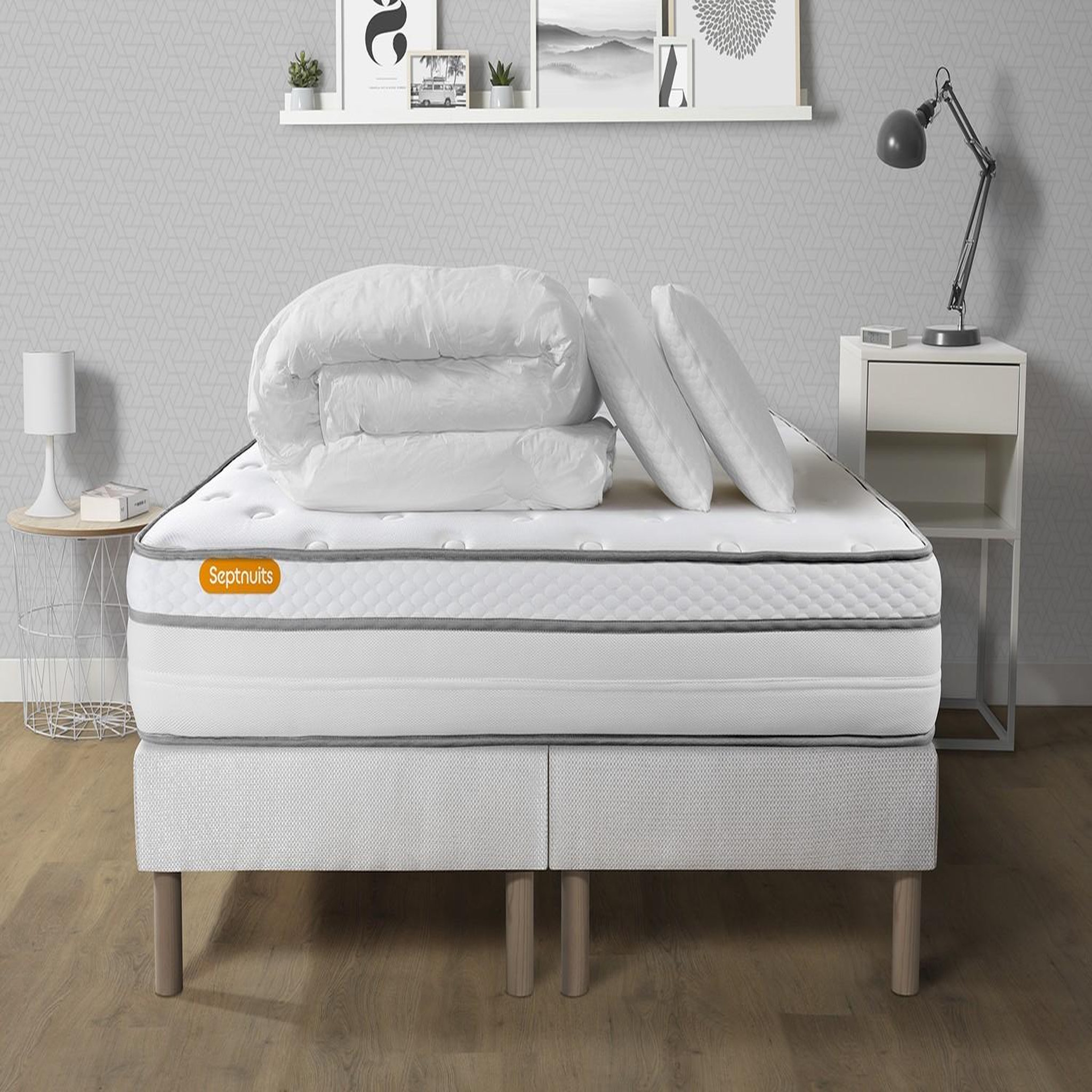 SEPTNUITS Pack matelas + double sommiers Memo Luxe Ressorts ensachés + mémoire de forme 5 zones de confort MAXI épaisseur. Coloris disponibles : Blanc