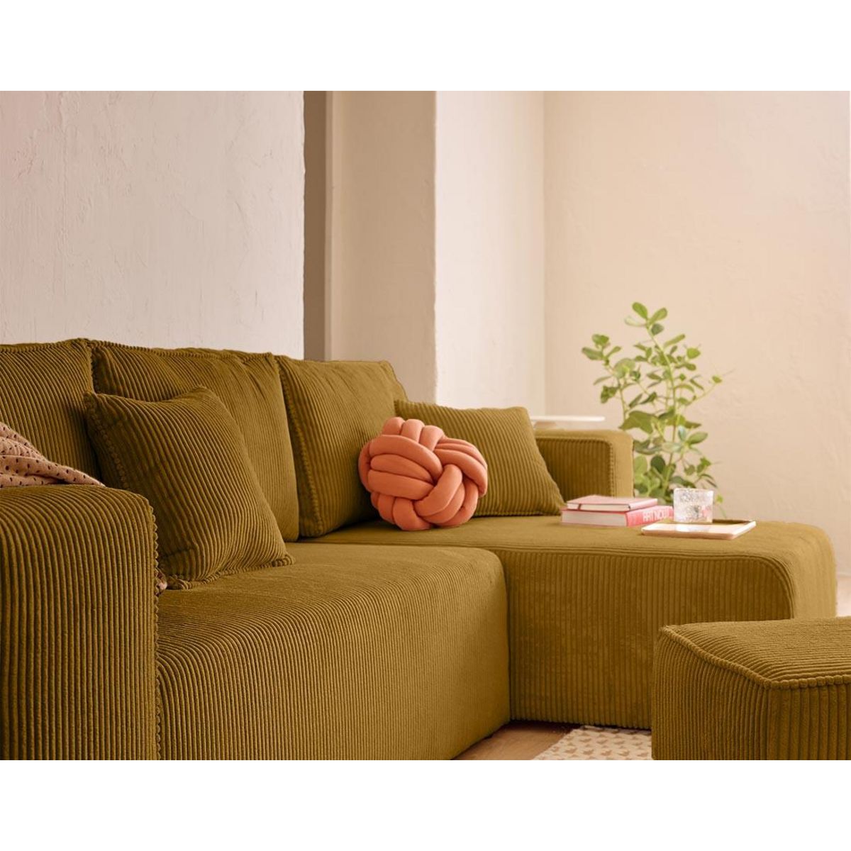 BEST MOBILIER Topaze - canapé d'angle réversible 4 places - convertible avec coffre, tablette et poufs - en velours côtelé