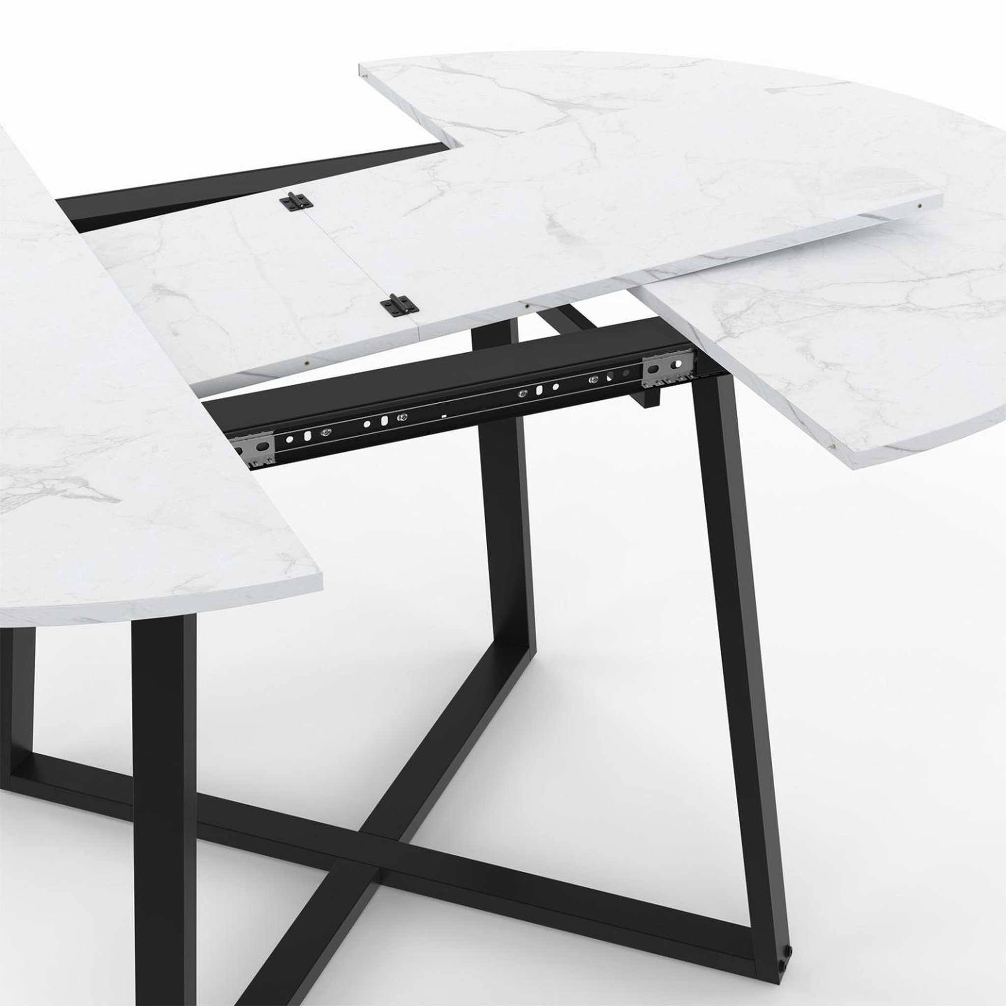 Voir la diapositive 6 : ID MARKET Table à manger extensible ronde selma 4-8 personnes noir et plateau marbre blanc alaska 110-150 cm