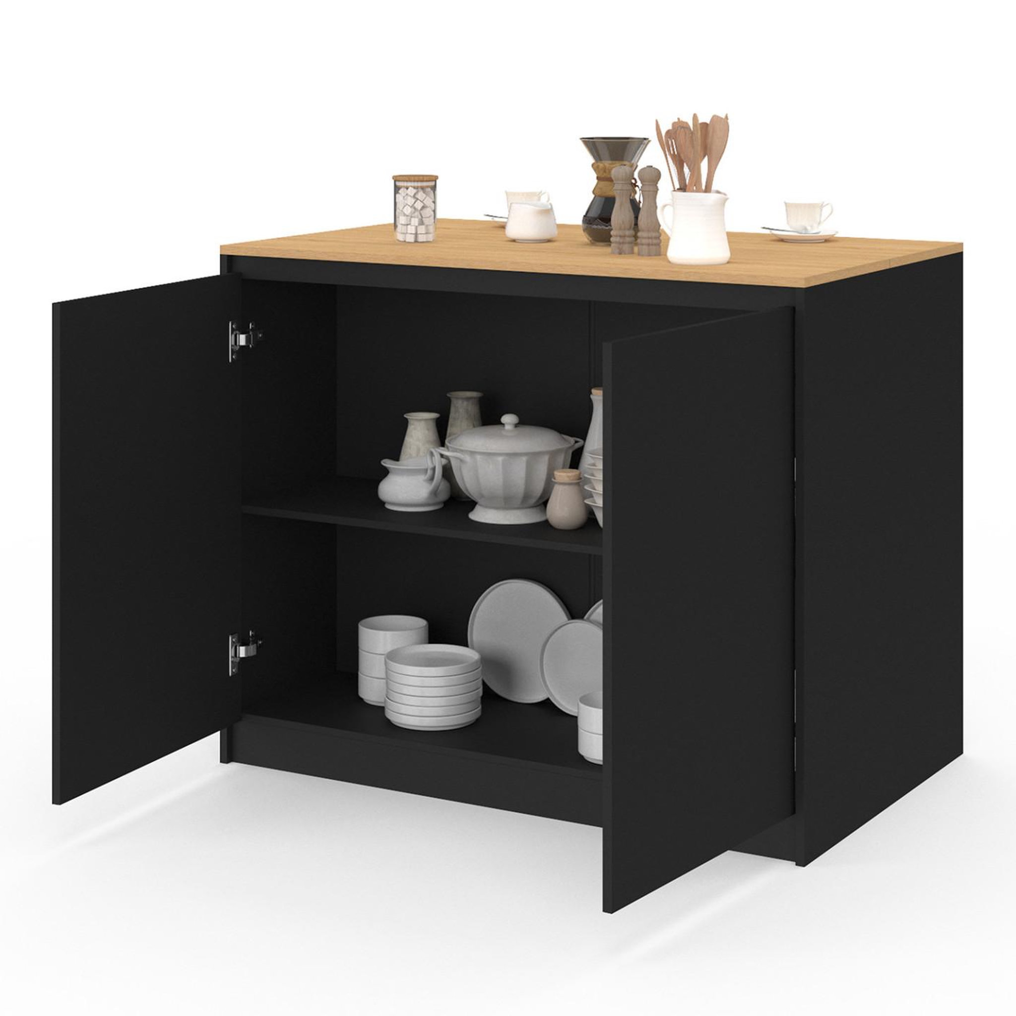 Voir la diapositive 5 : ID MARKET Ilot central cesar 110 cm avec tablette relevable rectangulaire bois noir et façon hêtre