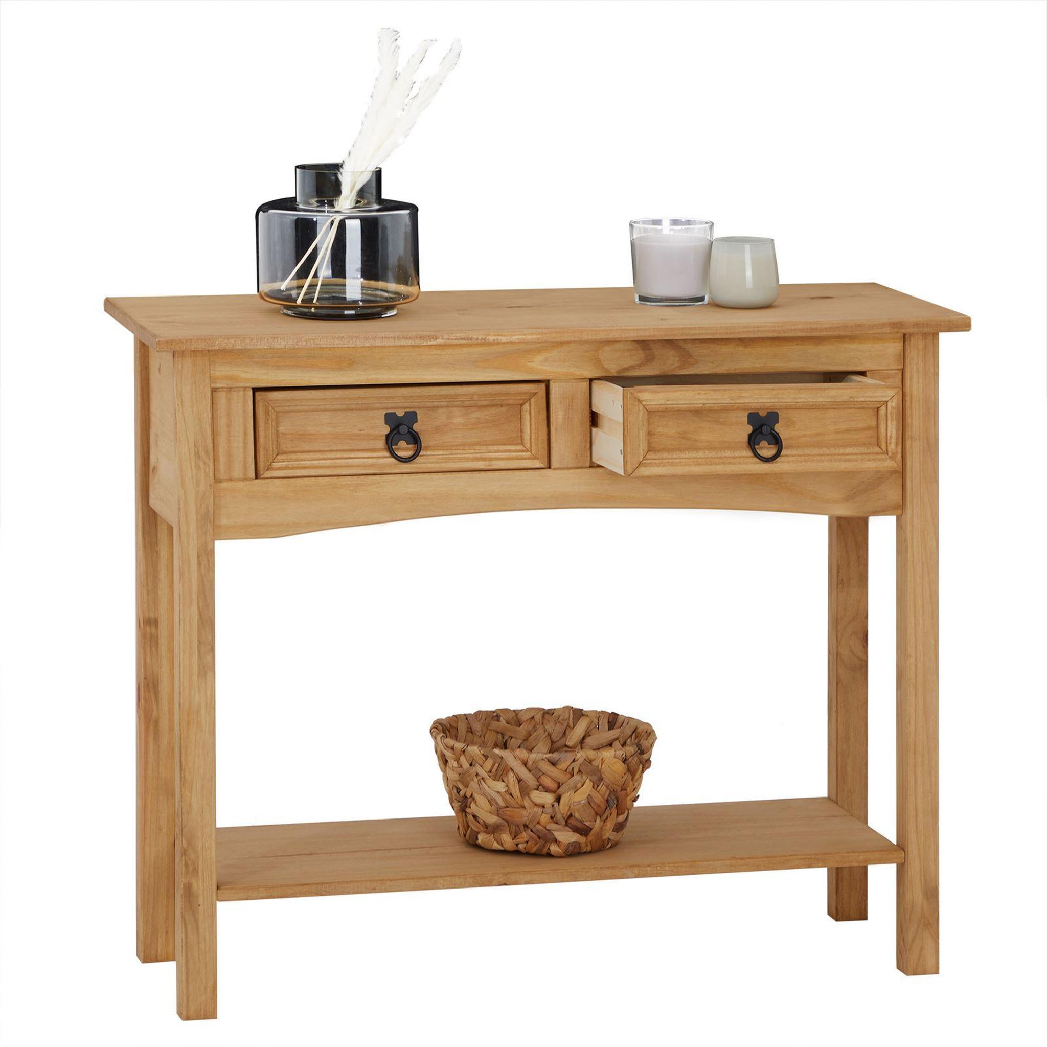 Voir la diapositive 4 : IDIMEX Table console SALSA table d'appoint en bois style mexicain avec 2 tiroirs et 1 étagère, en pin massif finition teintée/cirée