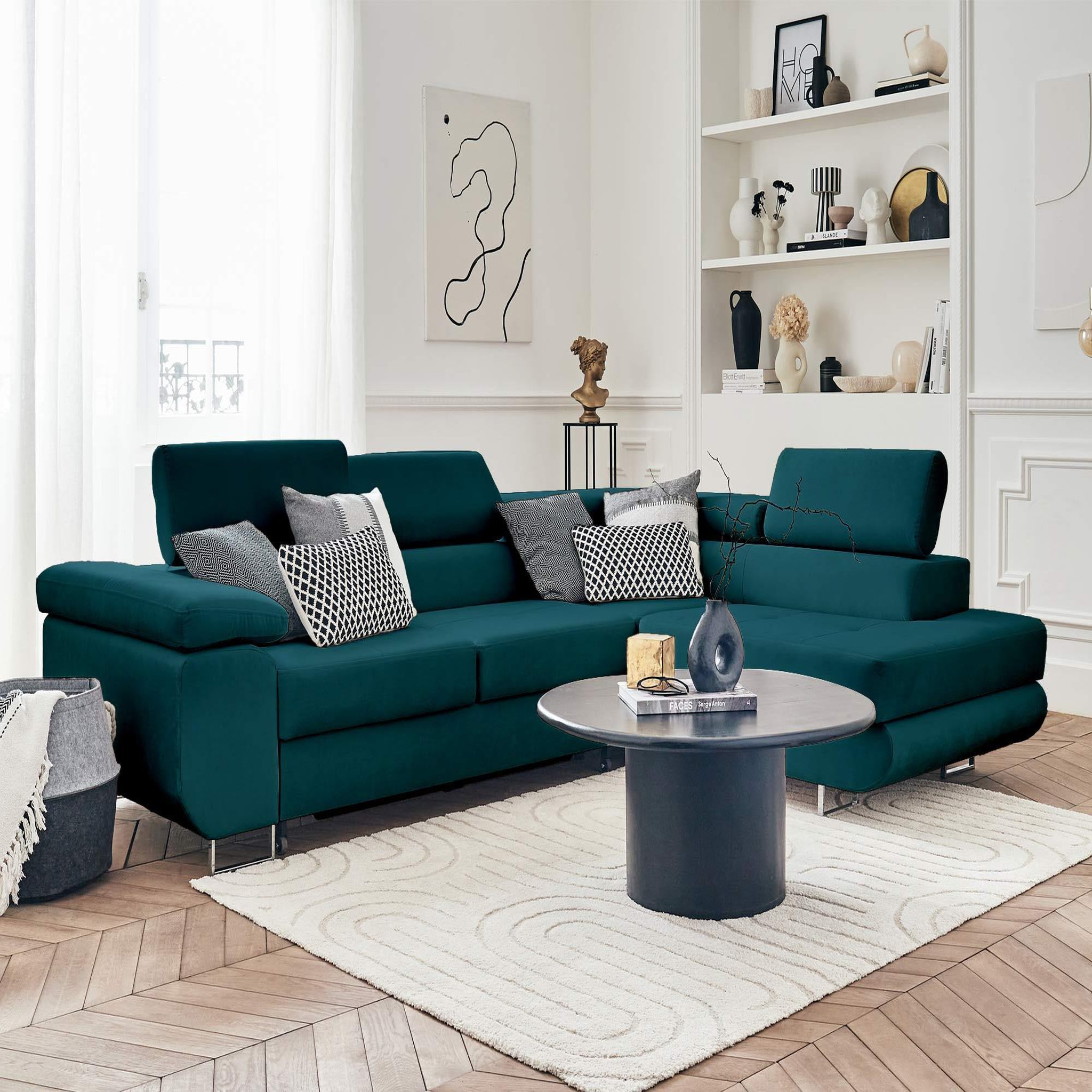 Voir la diapositive 6 : BEST MOBILIER Pablo - canapé d'angle droit - 5 places - convertible avec coffre et têtières réglables - en velours