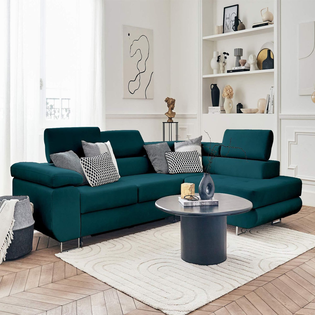 BEST MOBILIER Pablo - canapé d'angle droit - 5 places - convertible avec coffre et têtières réglables - en velours