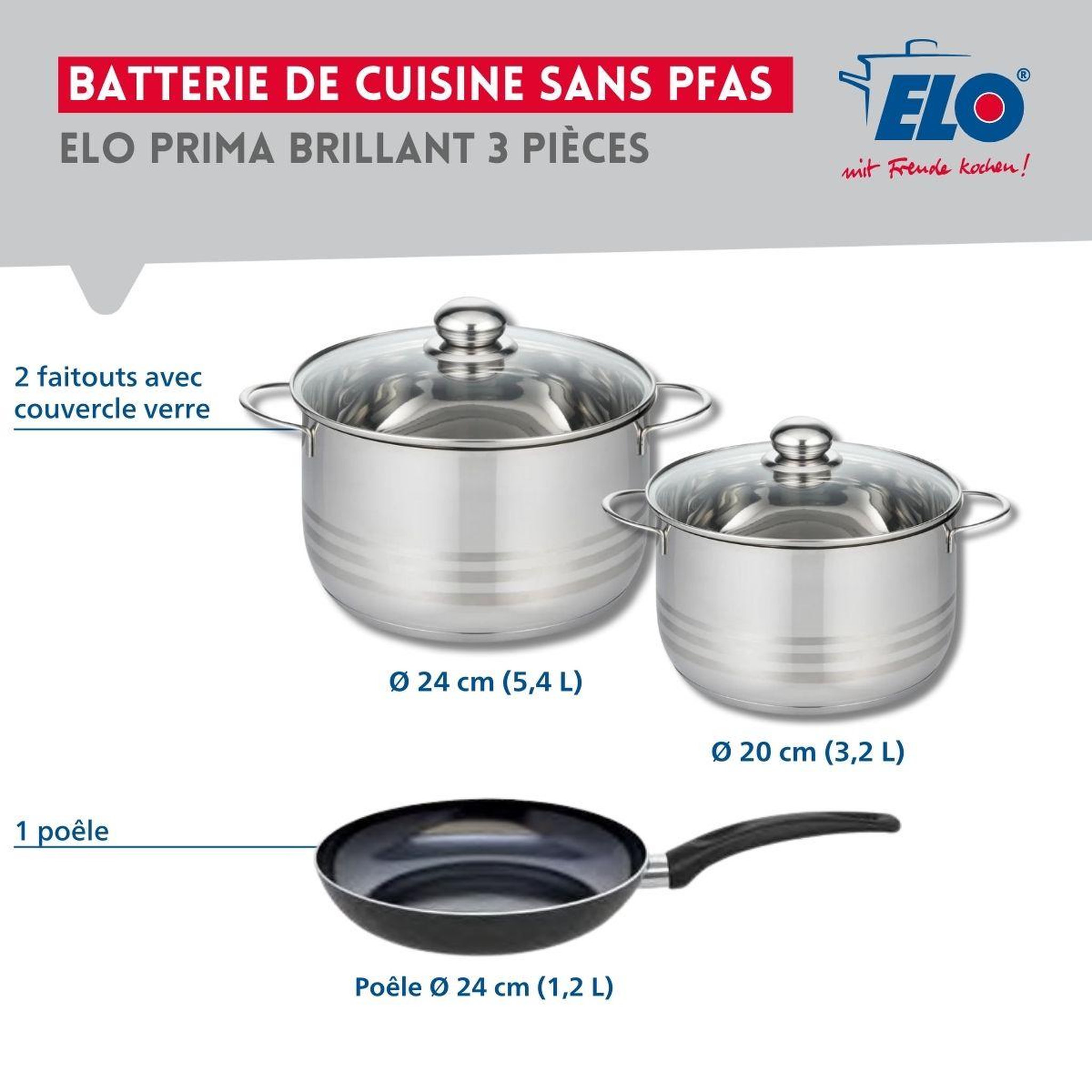Voir la diapositive 2 : ELO Ensemble de 1 poêle de cuisson 24 cm et 2 faitouts 20 et 24 cm elo prima brillant