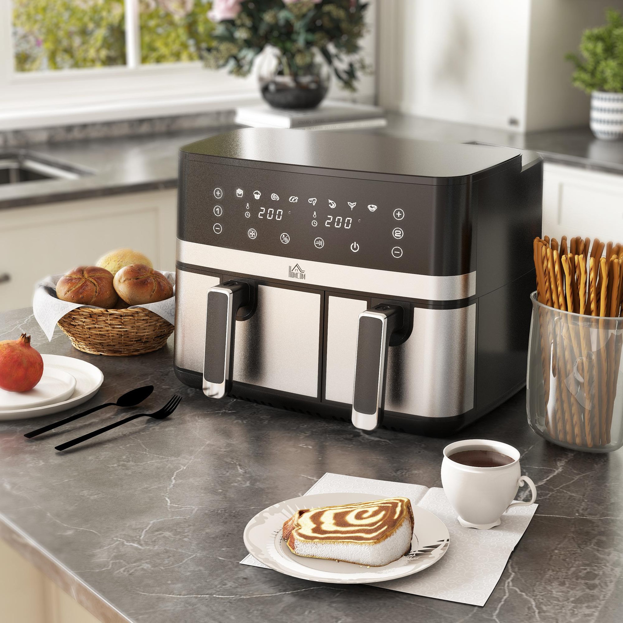Voir la diapositive 2 : HOMCOM Friteuse à air 2700W - air fryer - double compartiment 8,5L - 8 programmes, température réglable, timer, 2 paniers - noir
