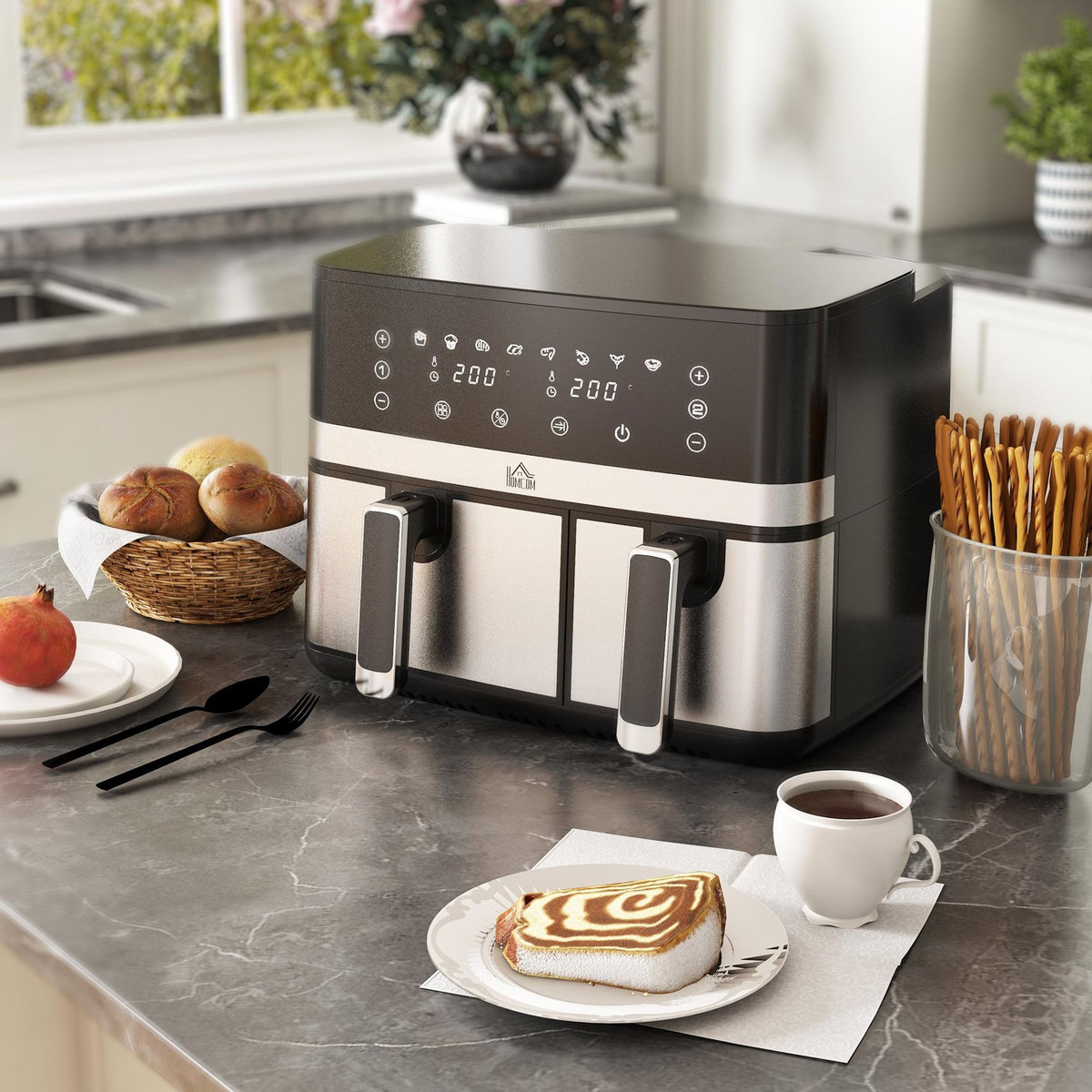 HOMCOM Friteuse à air 2700W - air fryer - double compartiment 8,5L - 8 programmes, température réglable, timer, 2 paniers - noir