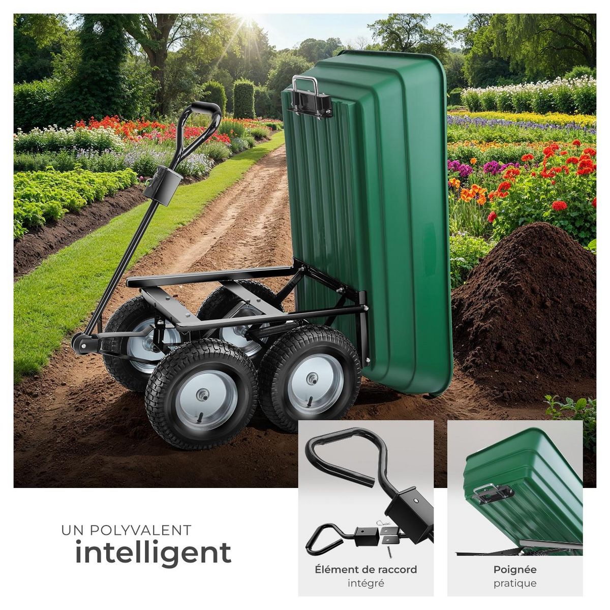 tectake Chariot de jardin et de transport avec fonction d'inclinaison vert