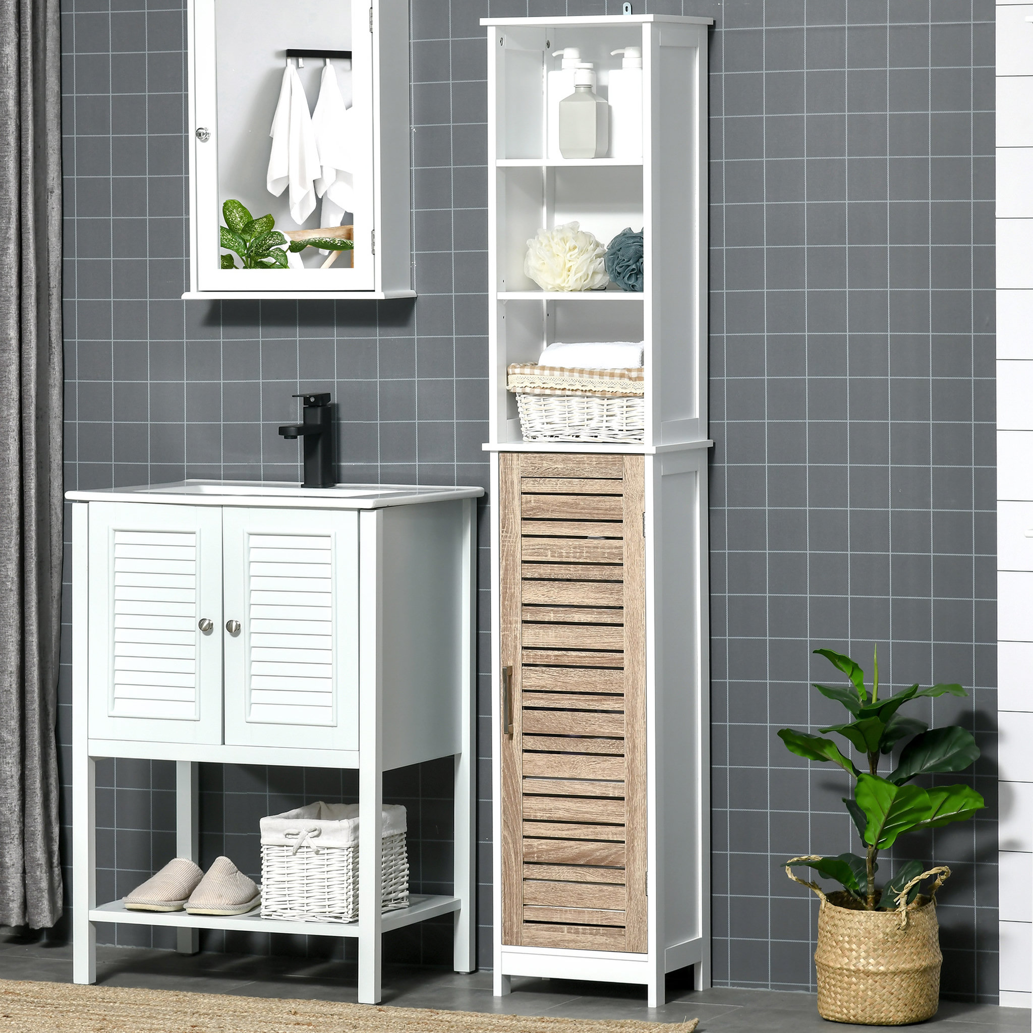 Voir la diapositive 2 : KLEANKIN Meuble colonne rangement salle de bain style cosy dim. 34L x 26l x 172H cm 3 niches porte aspect bois lattes 3 étagères