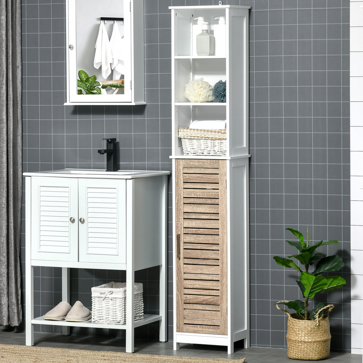 KLEANKIN Meuble colonne rangement salle de bain style cosy dim. 34L x 26l x 172H cm 3 niches porte aspect bois lattes 3 étagères