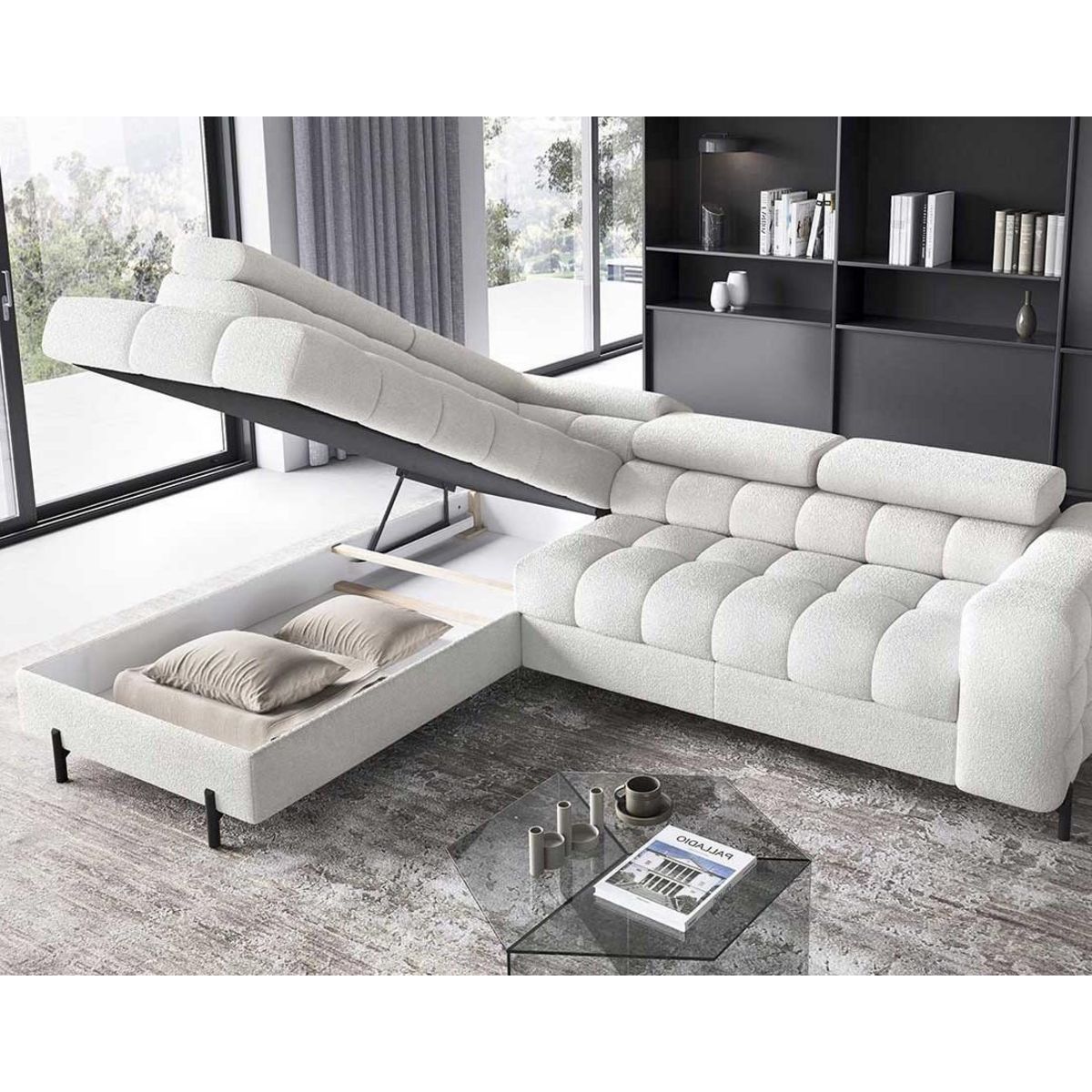 BEST MOBILIER Elisa - canapé d'angle gauche 5 places convertible avec coffre et têtières réglables en tissu bouclette