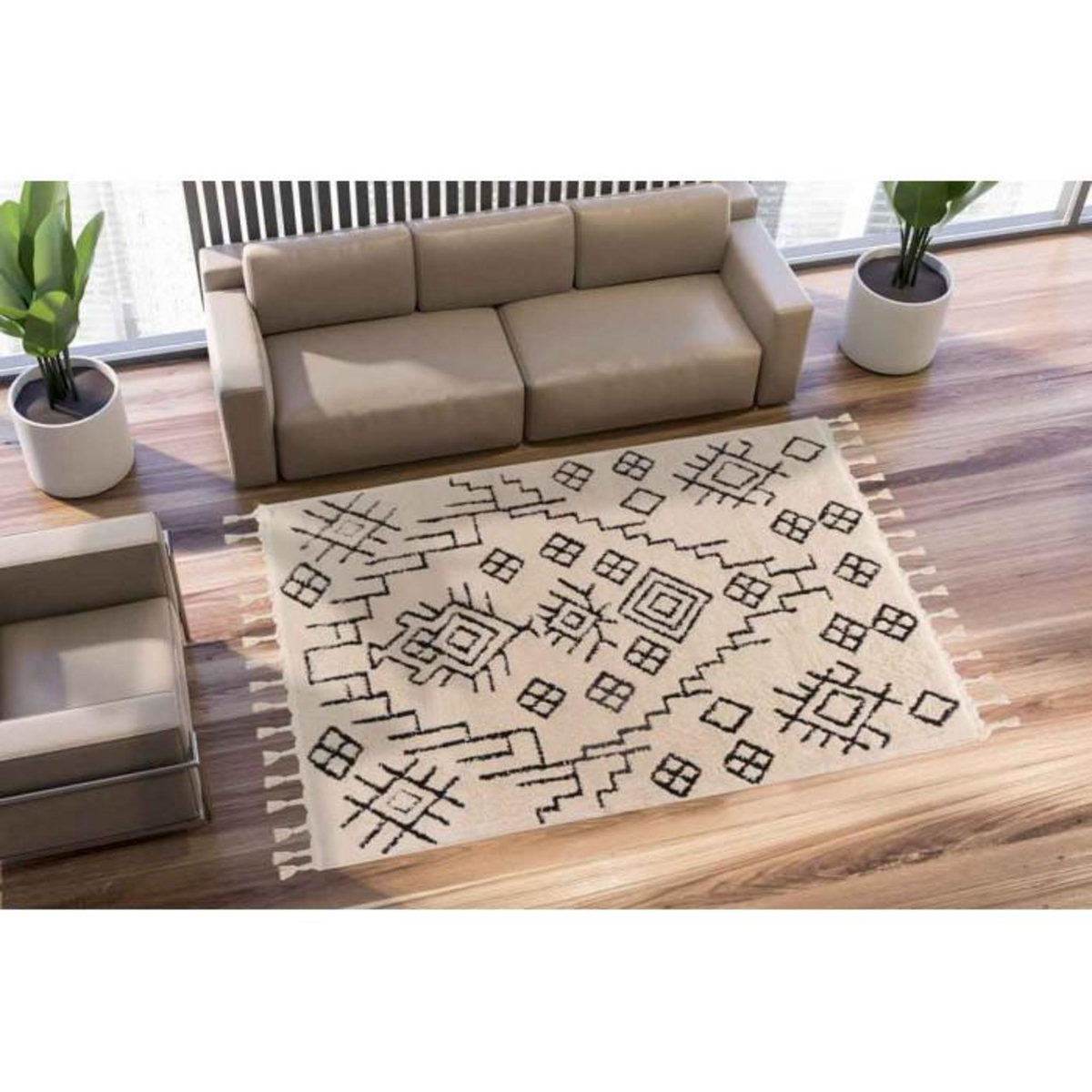 Paris Prix Tapis Tissé Ethnique avec Franges  Lovis V  Blanc