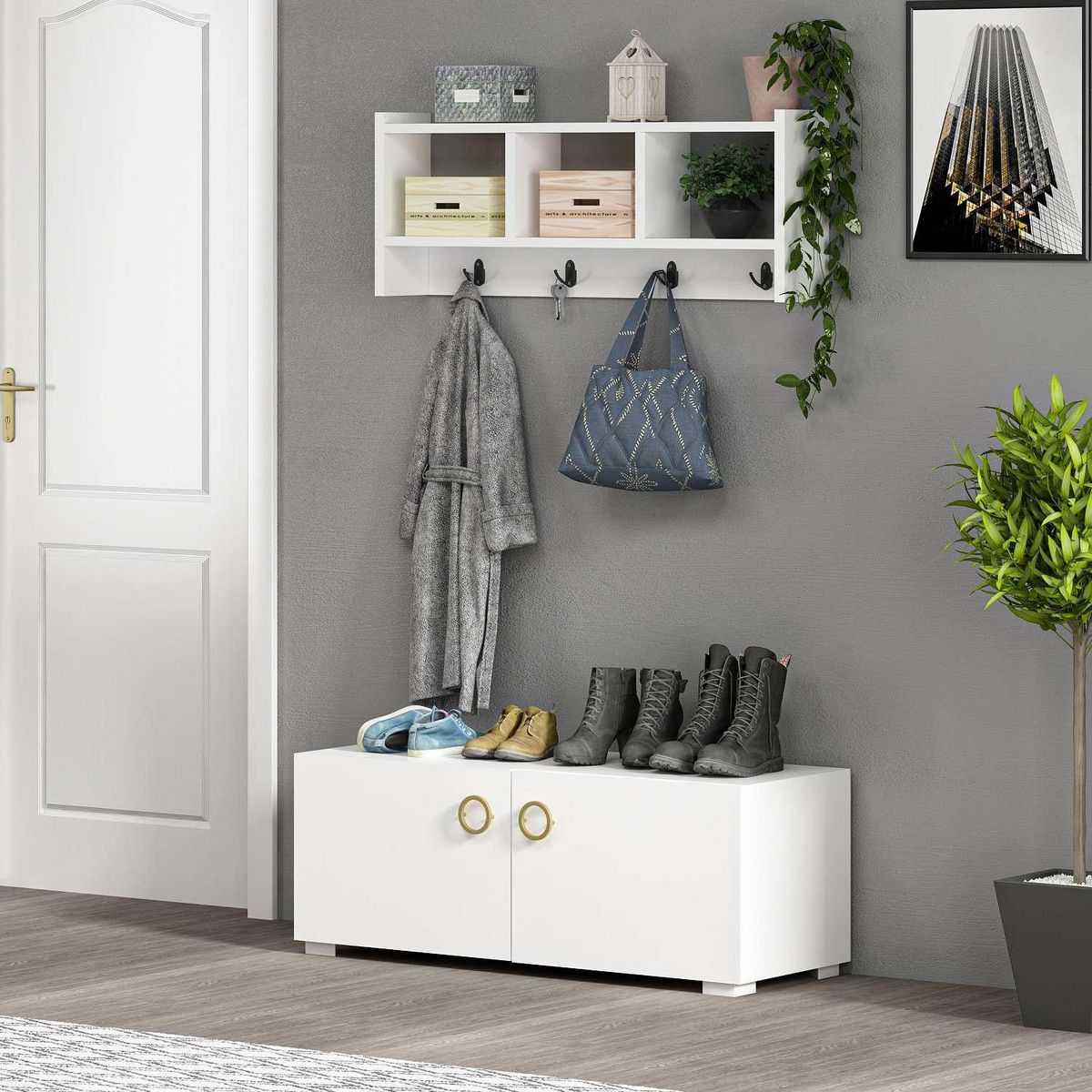 TOILINUX Etagère murale 3 niches et patères Hestia en en bois - Blanc