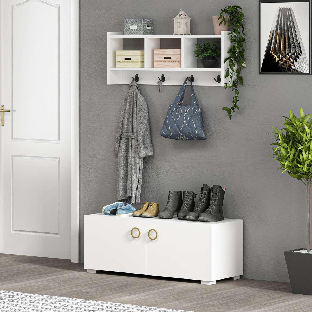 TOILINUX Etagère murale 3 niches et patères Hestia en en bois - Blanc