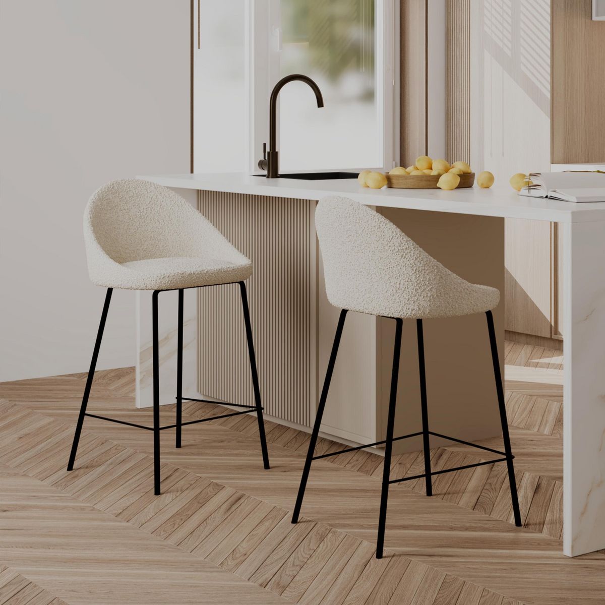 Rendez vous déco Lot de 2 chaises pour îlot central 65 cm en tissu bouclette blanc - Misty