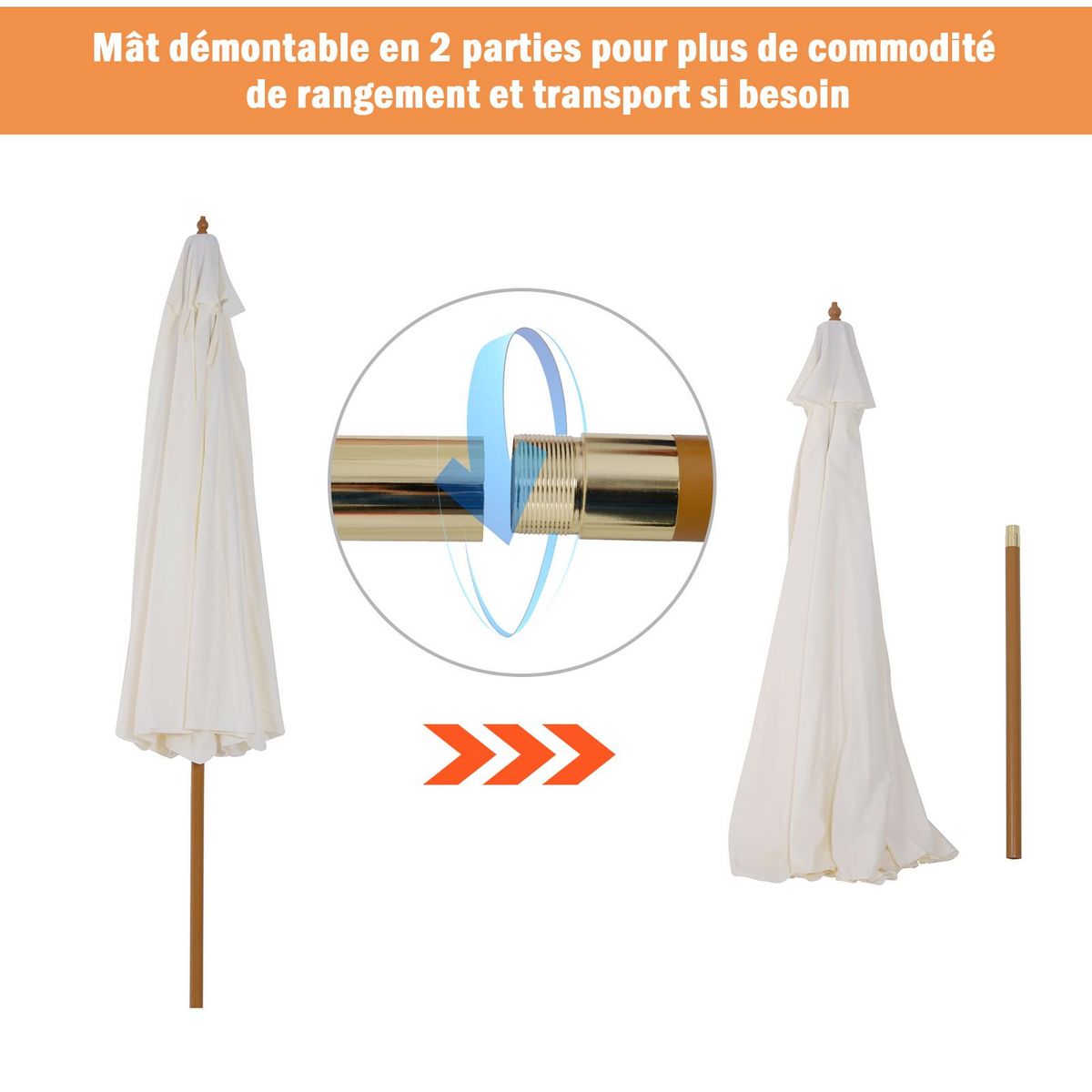 OUTSUNNY Parasol droit rond grande taille de jardin Ø 3,25 x 2,5H m bois de bambou polyester crème
