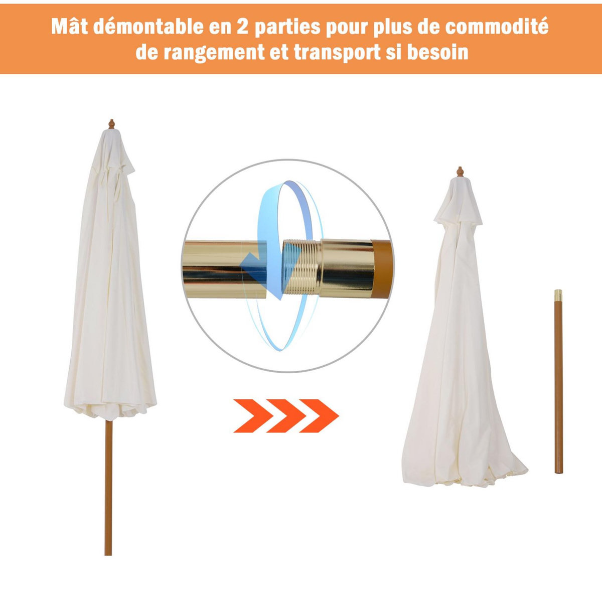 OUTSUNNY Parasol droit rond grande taille de jardin Ø 3,25 x 2,5H m bois de bambou polyester crème