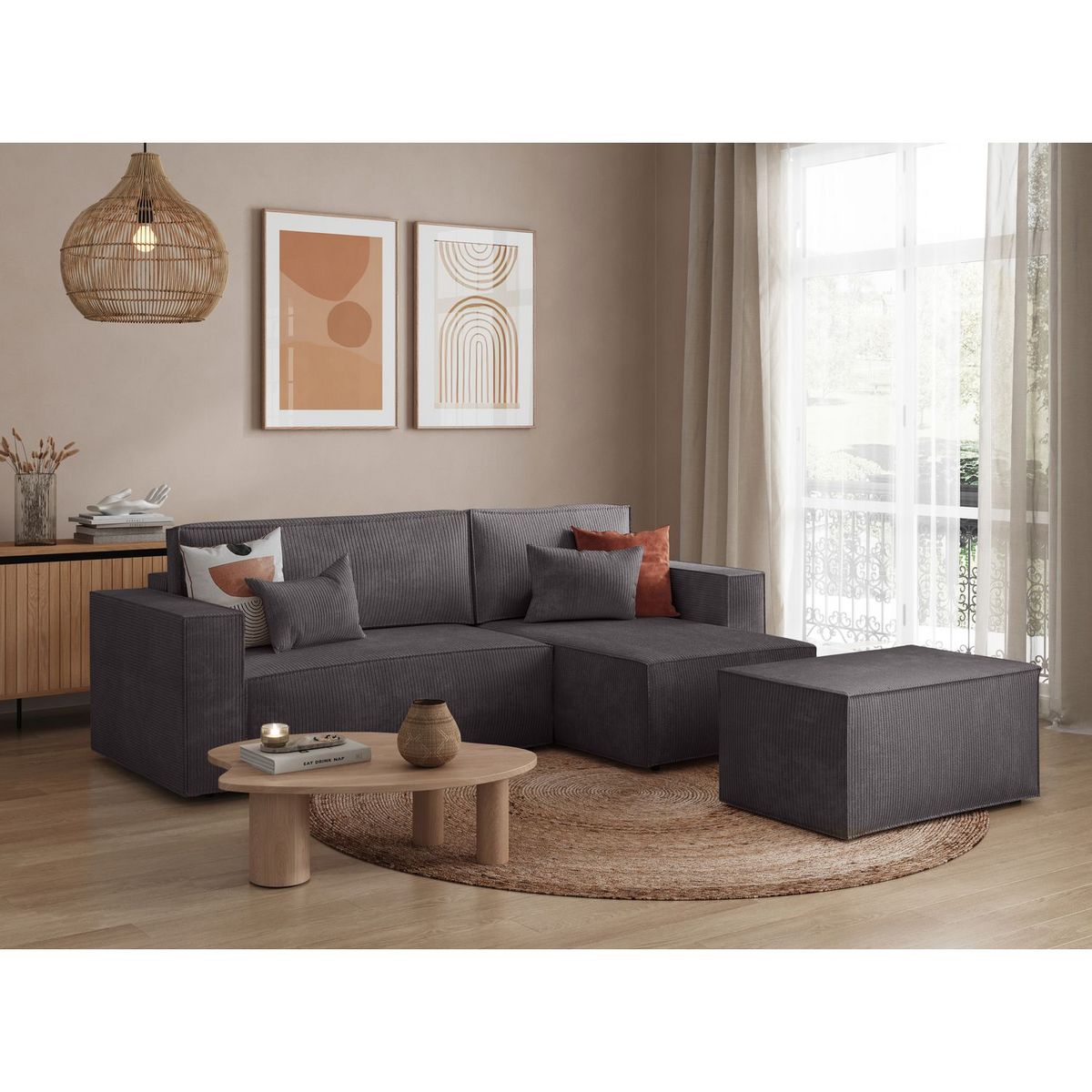 Canapé d'angle convertible réversible 3 places + 1  pouf velours côtelé  DAPHNE