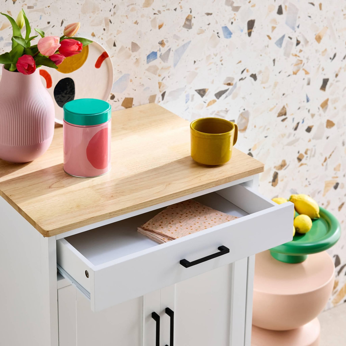 SWEEEK Desserte de cuisine BENDOR plateau en bois d'hévéa, 56 x 46 x 90 cm, 4 roues, 1 tiroir, 2 étagère, 1 double porte, style contemporain